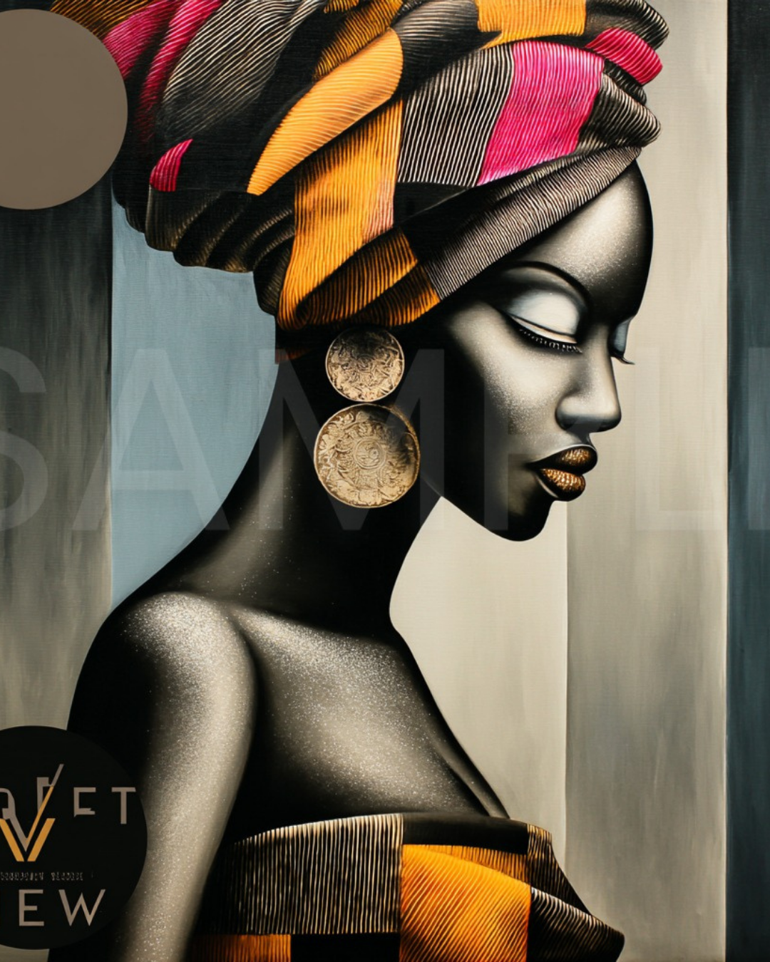 Abstract Silence: Golden Harmony in Profile – Afro-Minimalist Digital Art Print by Velvet’s View - 2115o265