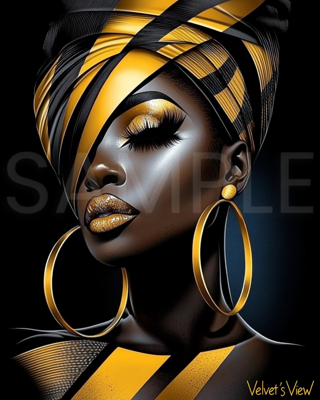 Abstract Silence: Golden Harmony in Profile – Afro-Minimalist Digital Art Print by Velvet’s View - 2115841ki