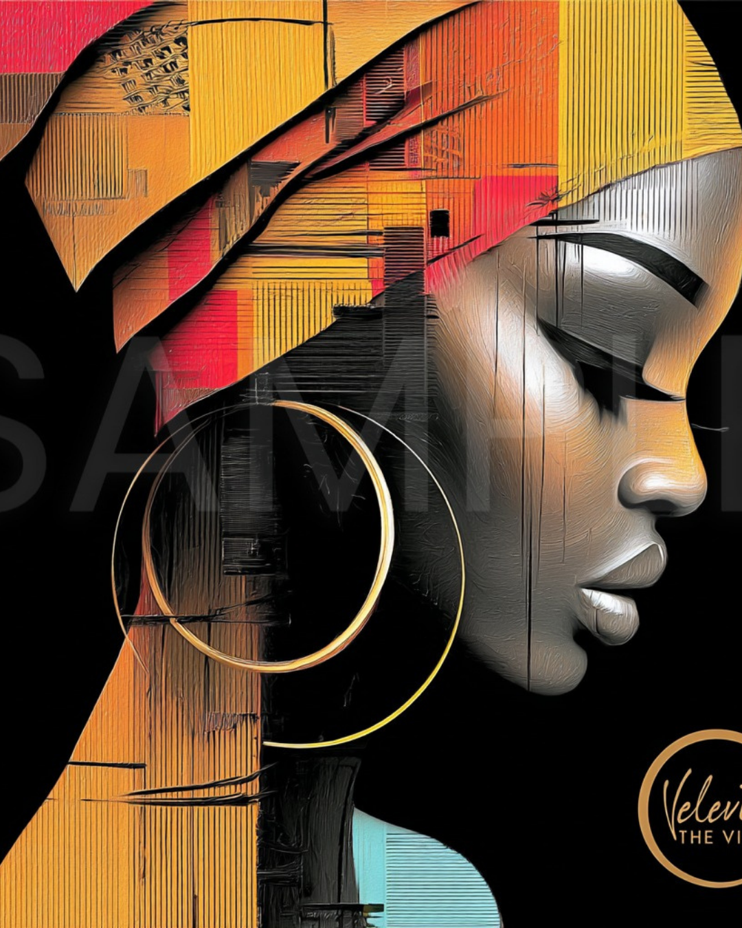Abstract Silence: Golden Harmony in Profile – Afro-Minimalist Digital Art Print by Velvet’s View - 21158123