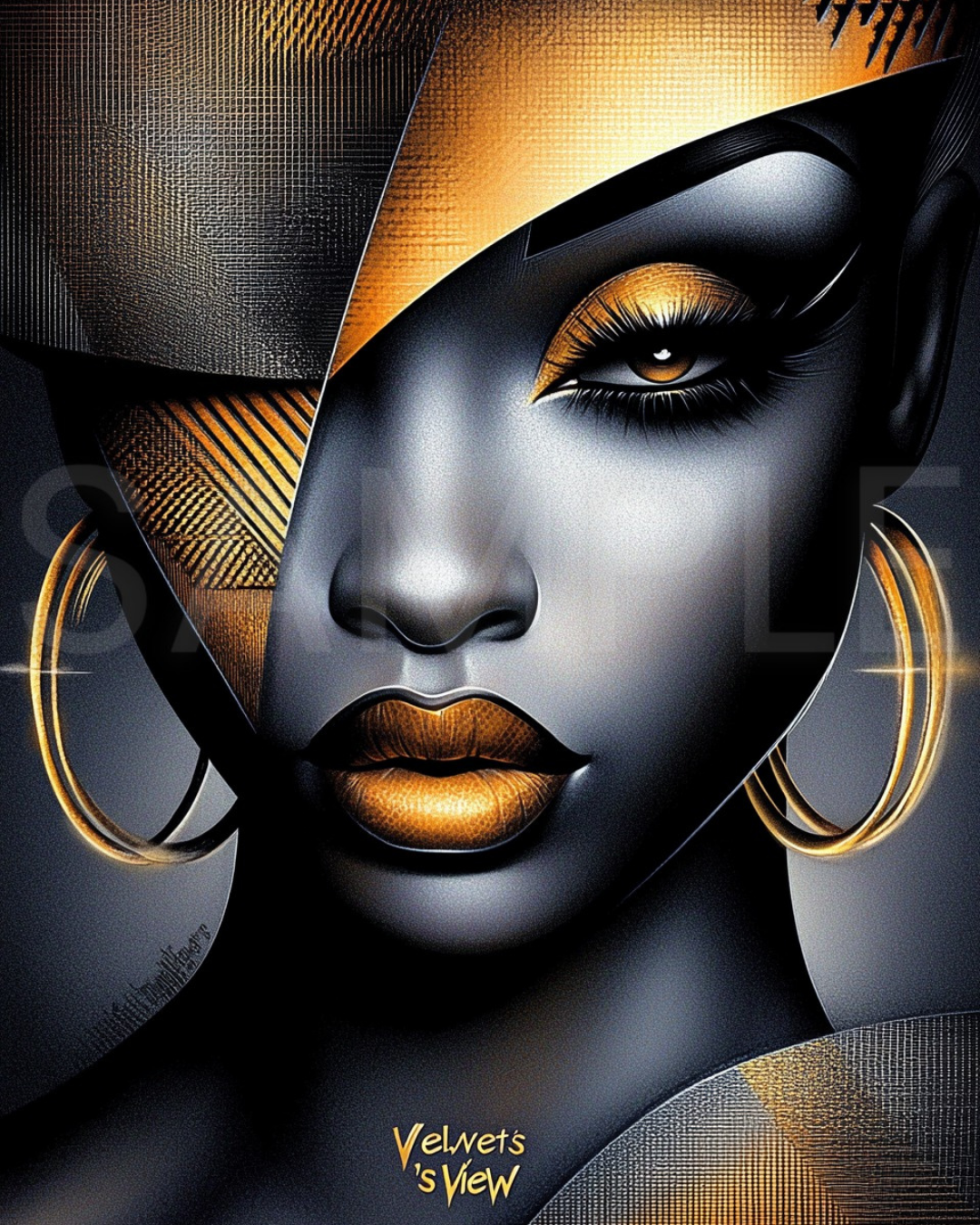 Abstract Silence: Golden Harmony in Profile – Afro-Minimalist Digital Art Print by Velvet’s View - 21154531(Copy)