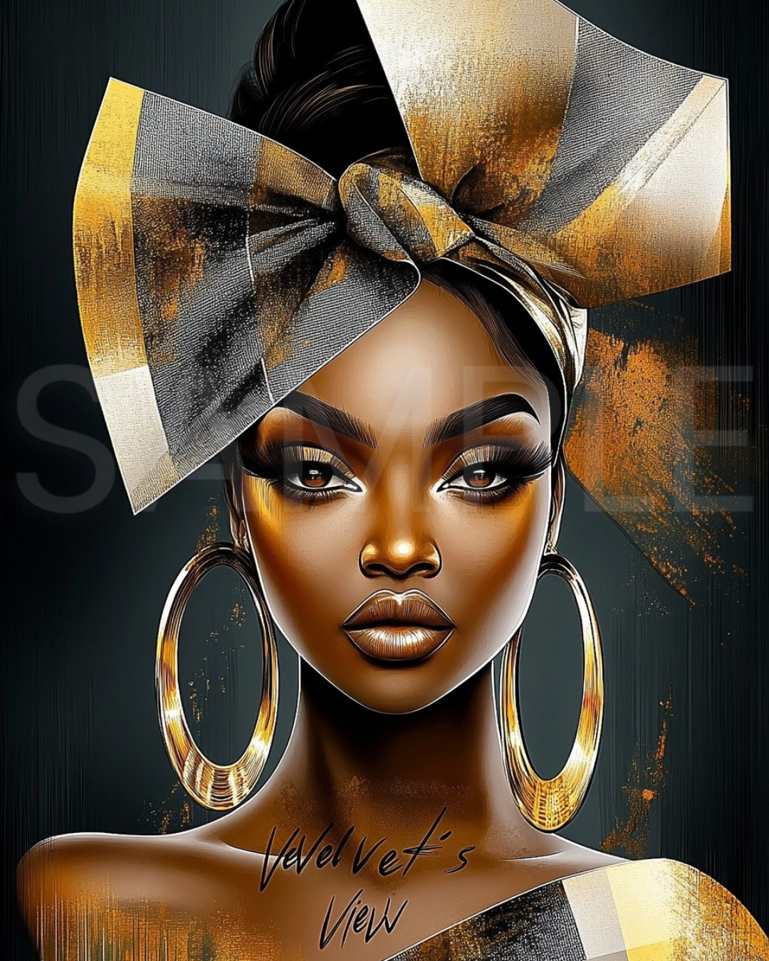 Abstract Silence: Golden Harmony in Profile – Afro-Minimalist Digital Art Print by Velvet’s View - 21154730