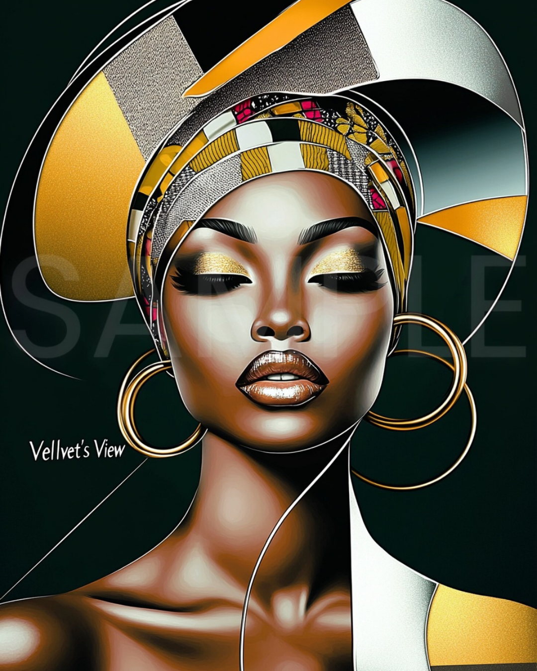 Abstract Silence: Golden Harmony in Profile – Afro-Minimalist Digital Art Print by Velvet’s View - 211544625
