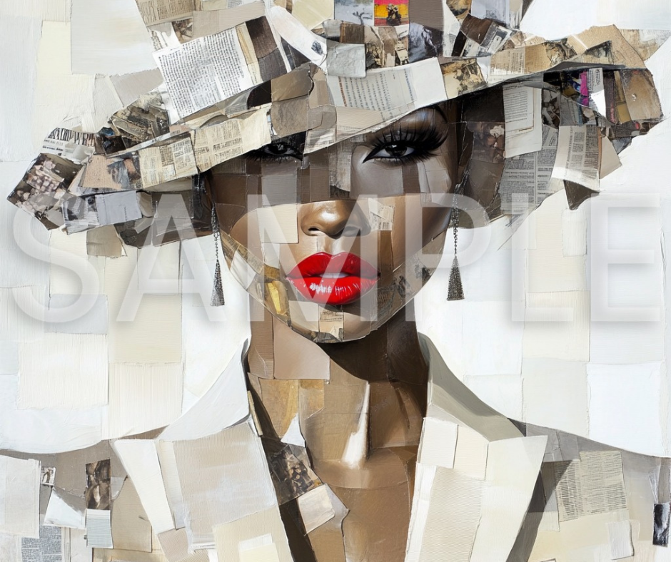 Paper Crown: Afrocentric Collage Portrait of a Black Woman in Textured Elegance – Digital Art Print - T152854