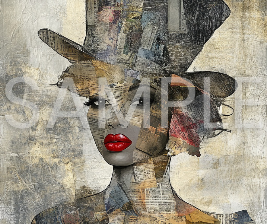 Paper Crown: Afrocentric Collage Portrait of a Black Woman in Textured Elegance – Digital Art Print - T154160 (Copy)