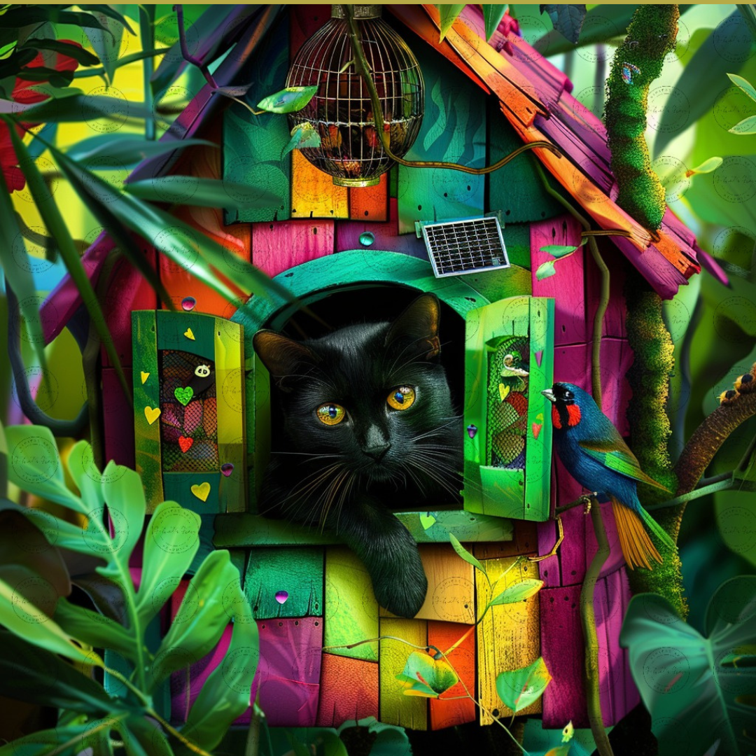 Black Girl Art - Velvet's View Digital Art - Whimsical Jungle Retreat: Enchanted Cat Abode