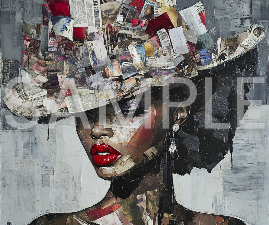 Paper Crown: Afrocentric Collage Portrait of a Black Woman in Textured Elegance – Digital Art Print - T156574