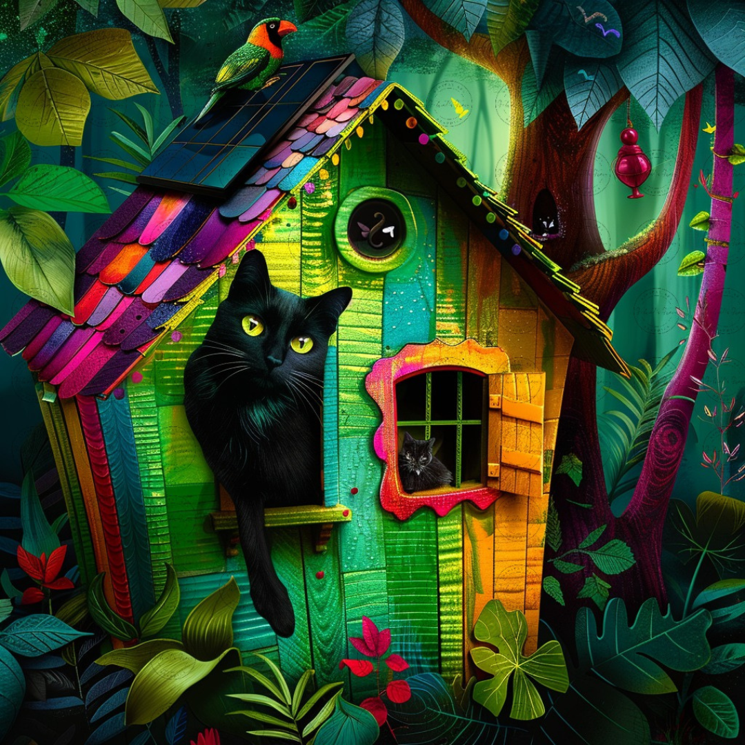 Black Girl Art - Velvet's View Digital Art - Whimsical Jungle Retreat: Enchanted Cat Abode