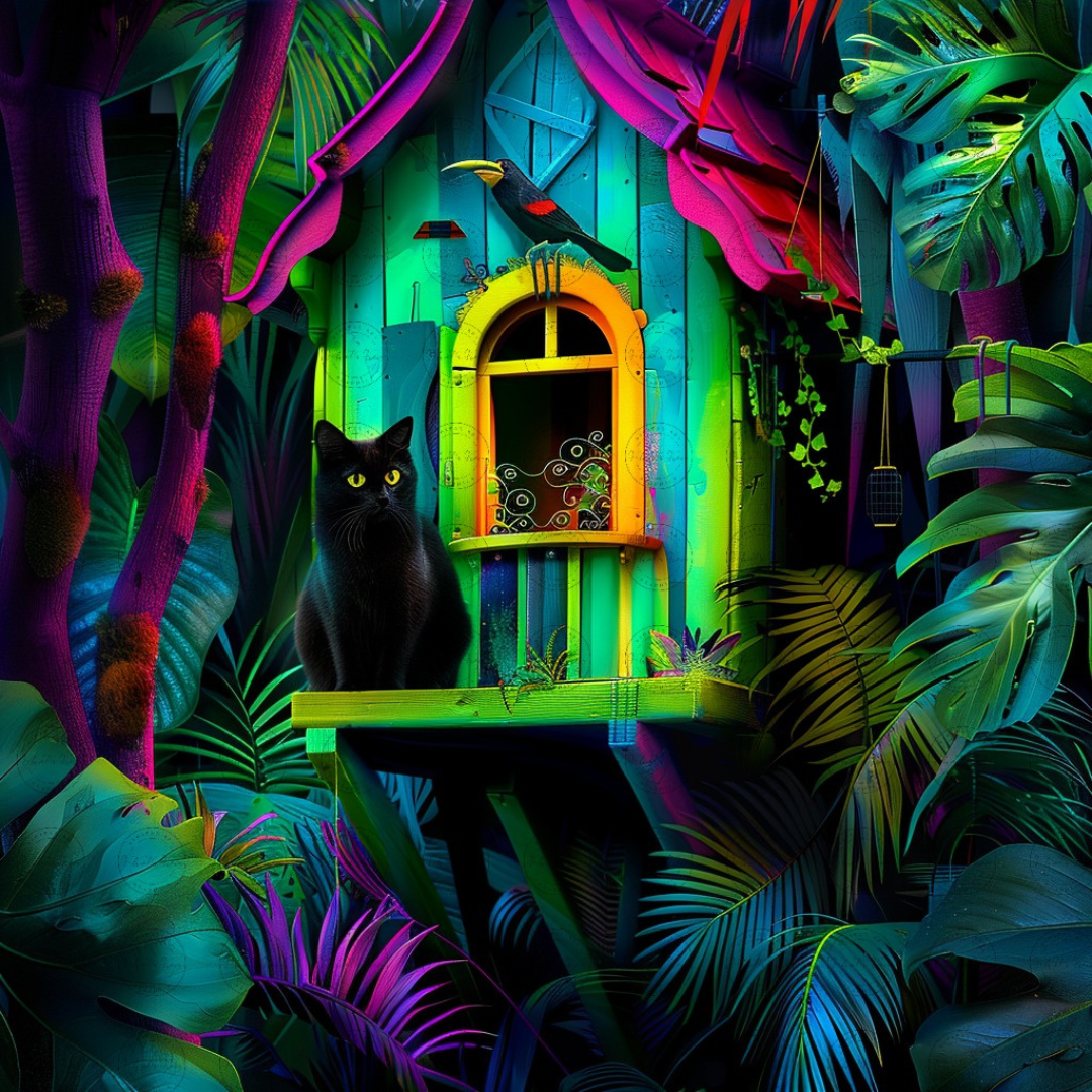 Black Girl Art - Velvet's View Digital Art - Whimsical Jungle Retreat: Enchanted Cat Abode