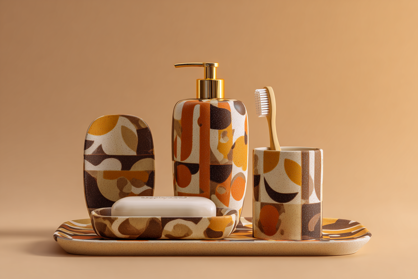 Modern Geometric Bathroom Set | Gold & Red Abstract Shower Curtain | Bold Afro-Inspired Bath Décor - Square Towel 13“x13” – L539987