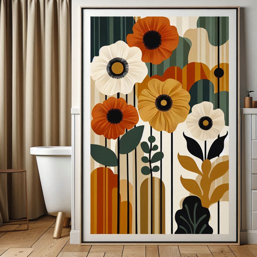 Retro Floral Bathroom Decor Set | Boho Abstract Shower Curtain, Towels & Wall Art | Mid Century Modern Bath Mat | Earth Tone Bathroom Collection - Bath Rug 20''x 32''