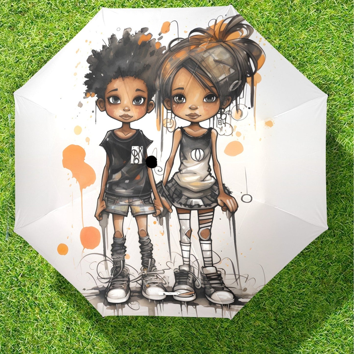 Semi-Automatic Foldable Umbrella - Black Girl Art - Velvet's View - Whimsical Kool Kids Collection - (Model U12)