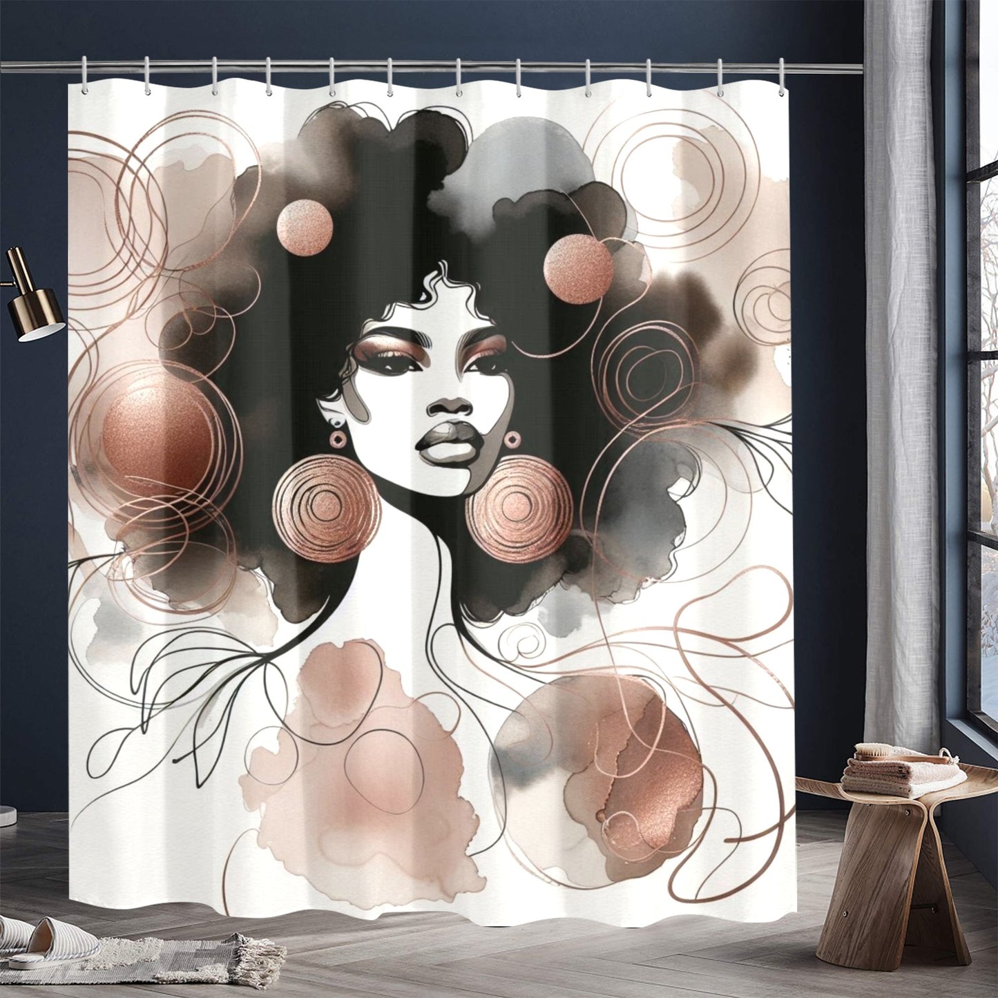 Minimalist Afrocentric Shower Curtain Collection – Black Woman Line Art, Boho Melanin Home Decor - 4983759