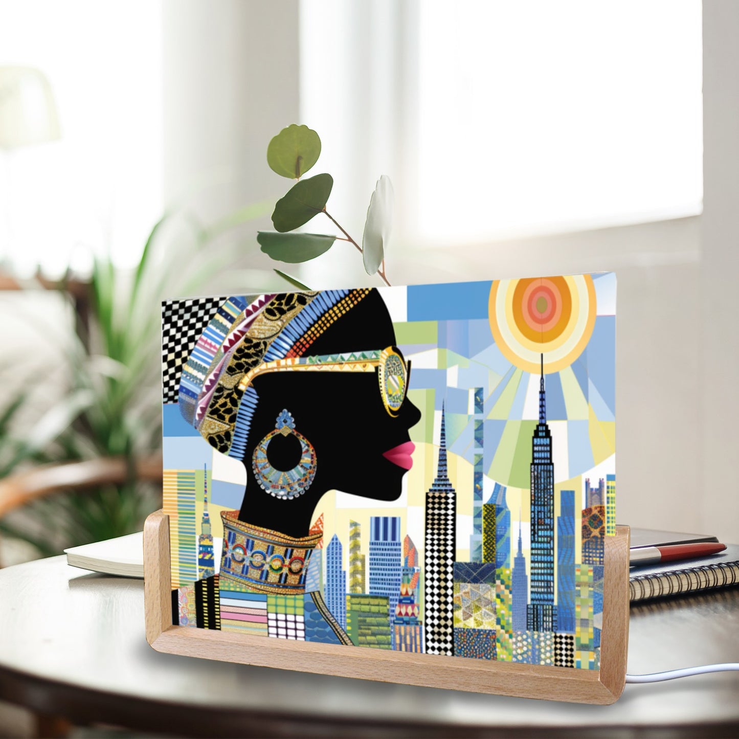 Acrylic Photo Night Light - Black Girl Art - Velvet's View - Urban Elegance - Illuminated in Color Collection - 8"x6"(U-Shaped Beech Base)