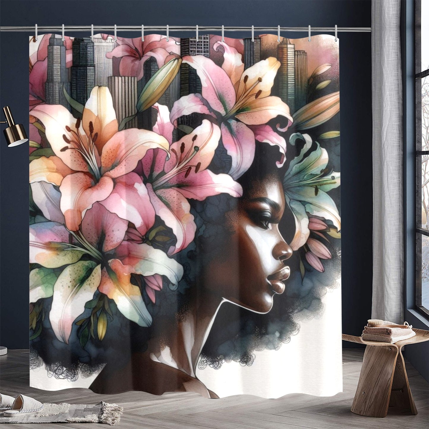Urban Bloom Afro Shower Curtain – Black Woman Art with Cityscape & Floral Afro - 77134495