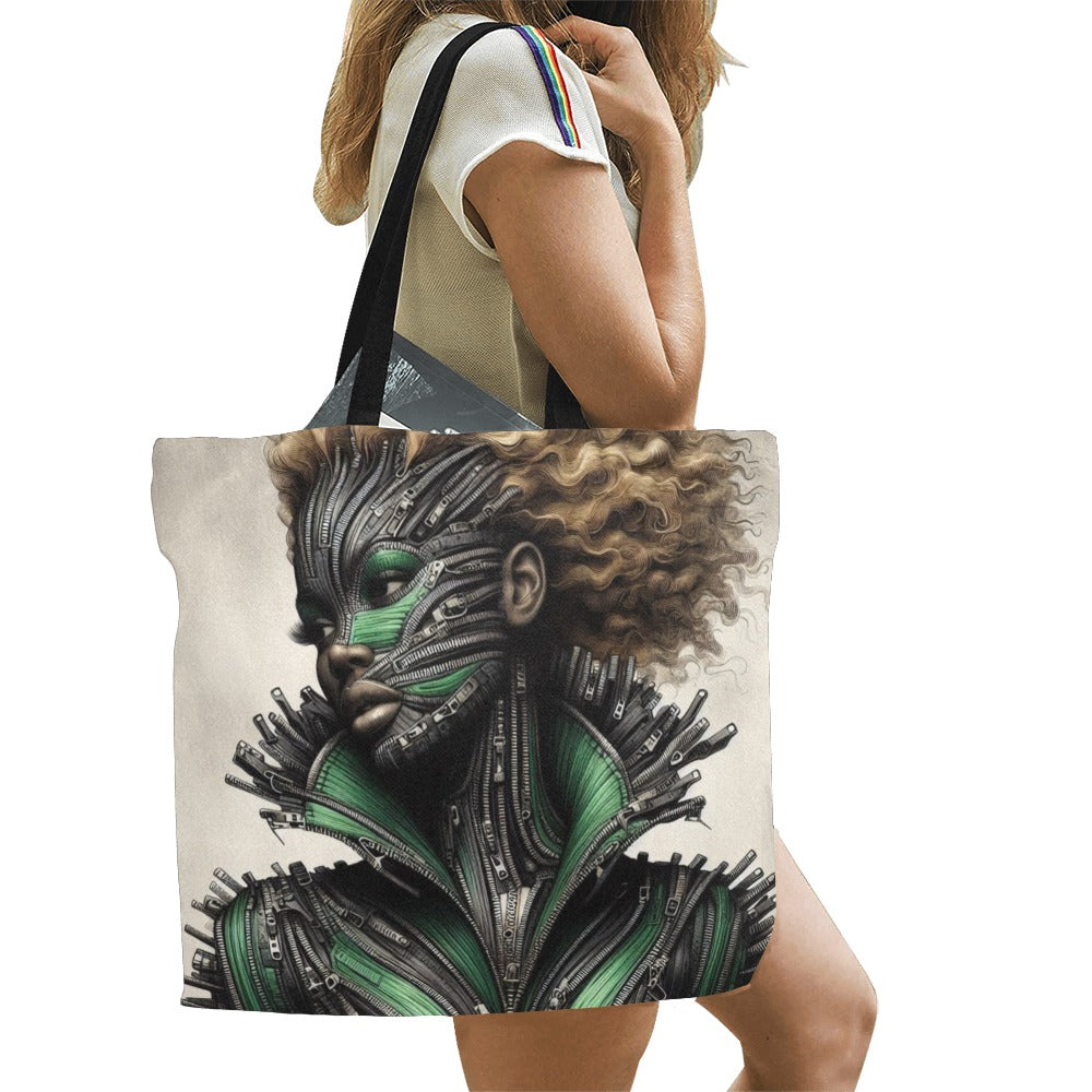 All Over Print Canvas Tote Bag/Large - Velvet's View - Mechanical Muse - The Fusion of Fashion and Futurism - (Model 1699)