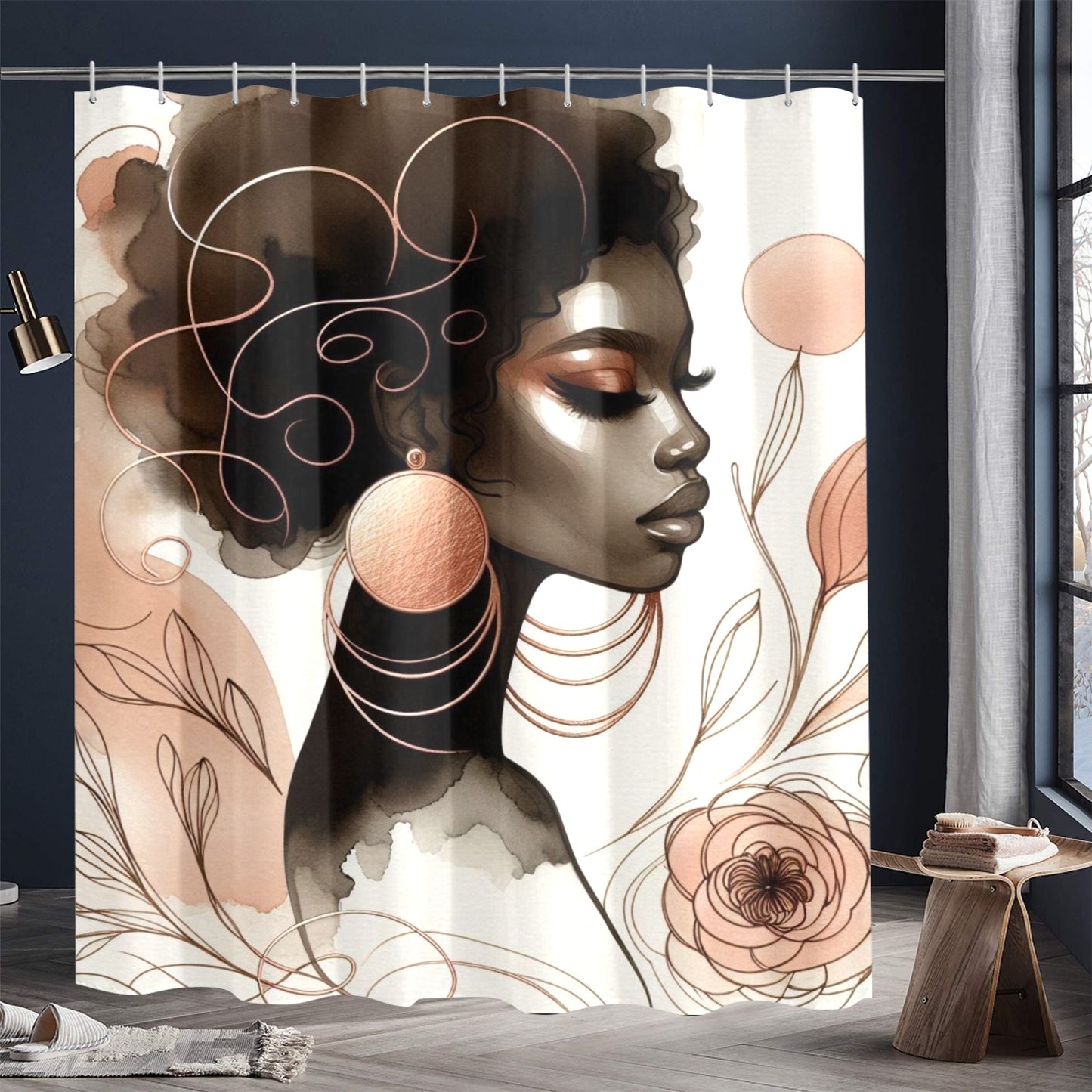 Minimalist Afrocentric Shower Curtain Collection – Black Woman Line Art, Boho Melanin Home Decor - 90594283