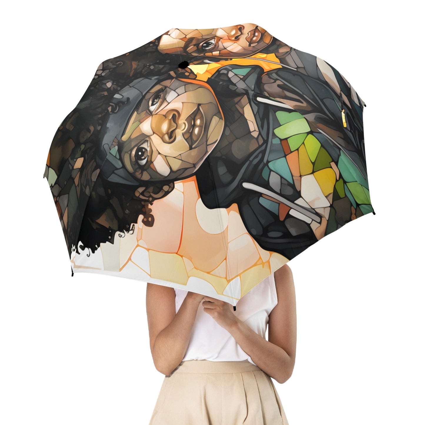 Semi-Automatic Foldable Umbrella - Black Girl Art - Velvet's View - Whimsical Kool Kids Collection - (Model U12)