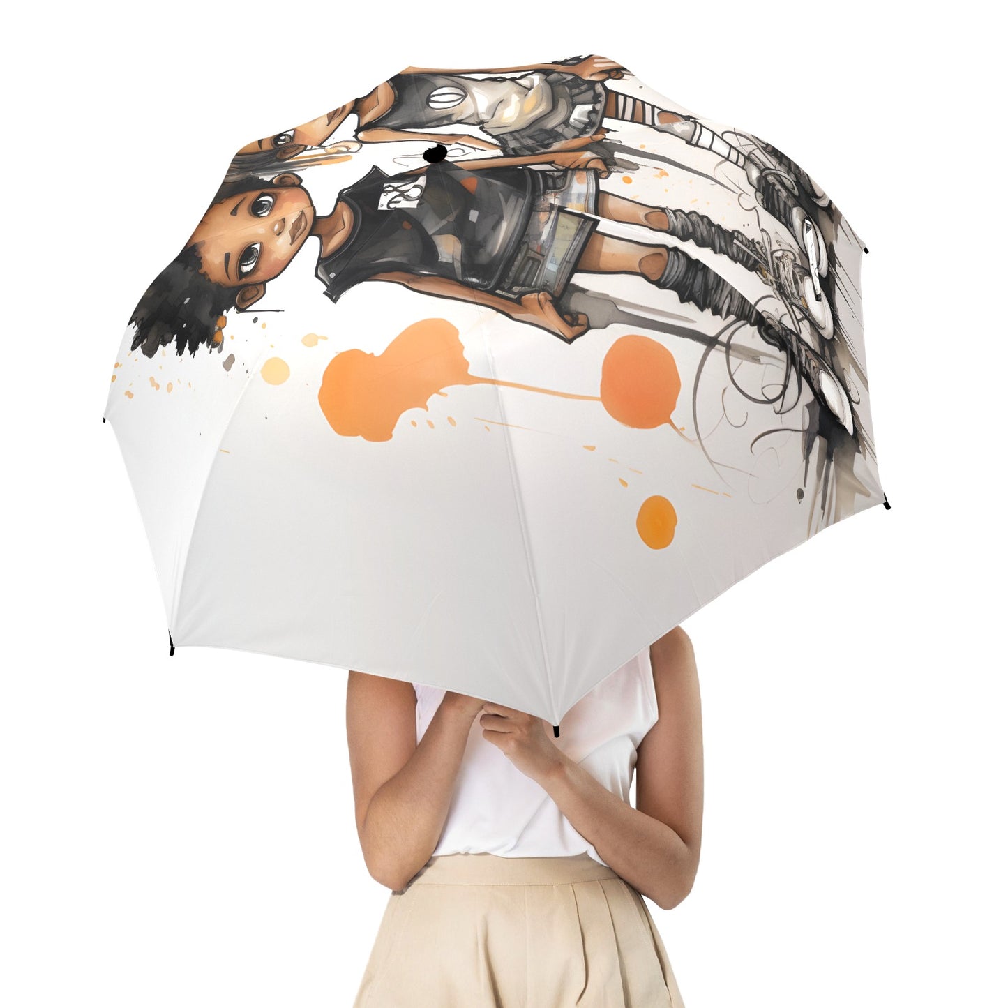 Semi-Automatic Foldable Umbrella - Black Girl Art - Velvet's View - Whimsical Kool Kids Collection - (Model U12)