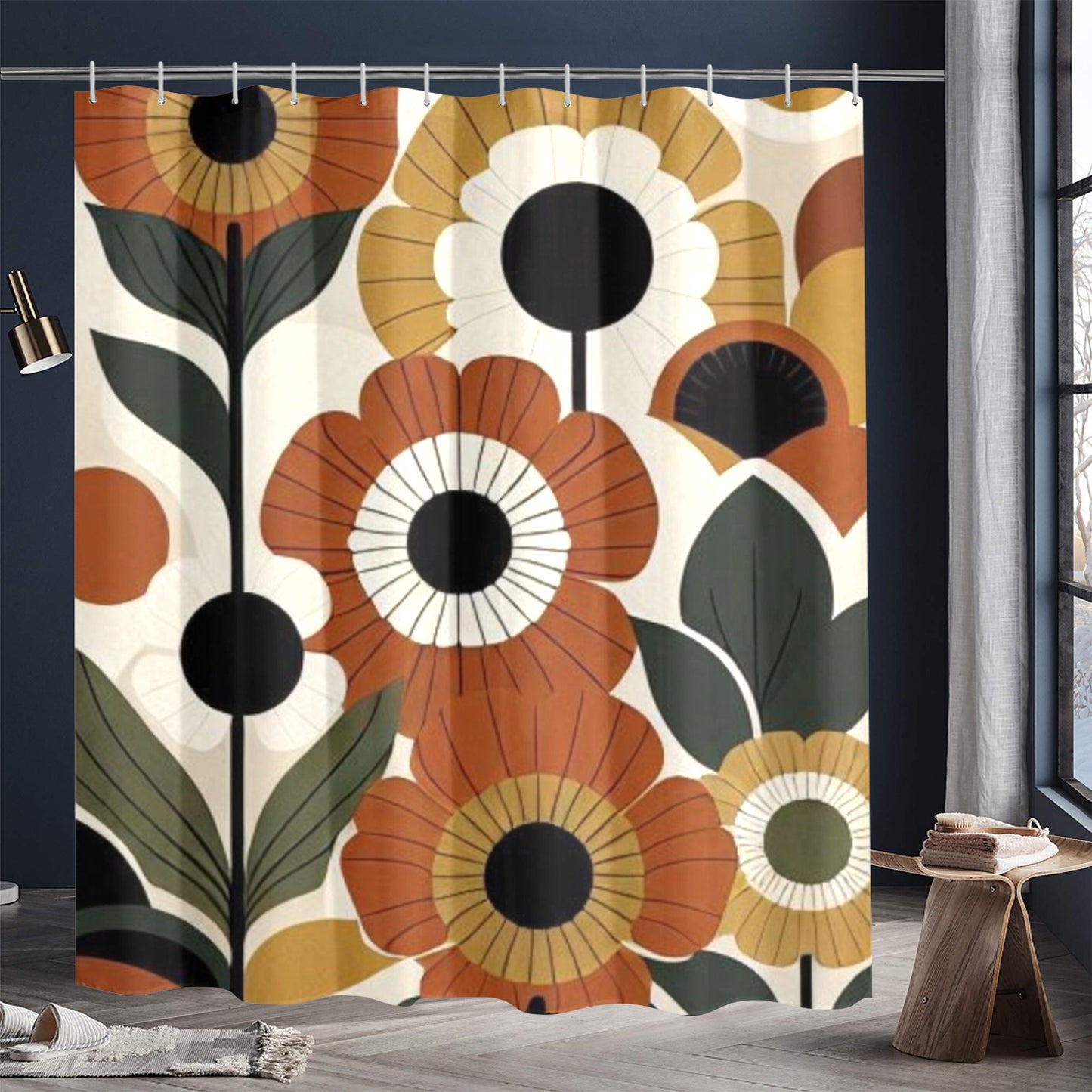 Retro Floral Bathroom Decor Set | Boho Abstract Shower Curtain, Towels & Wall Art | Mid Century Modern Bath Mat | Earth Tone Bathroom Collection - Shower Curtain 72"x84"