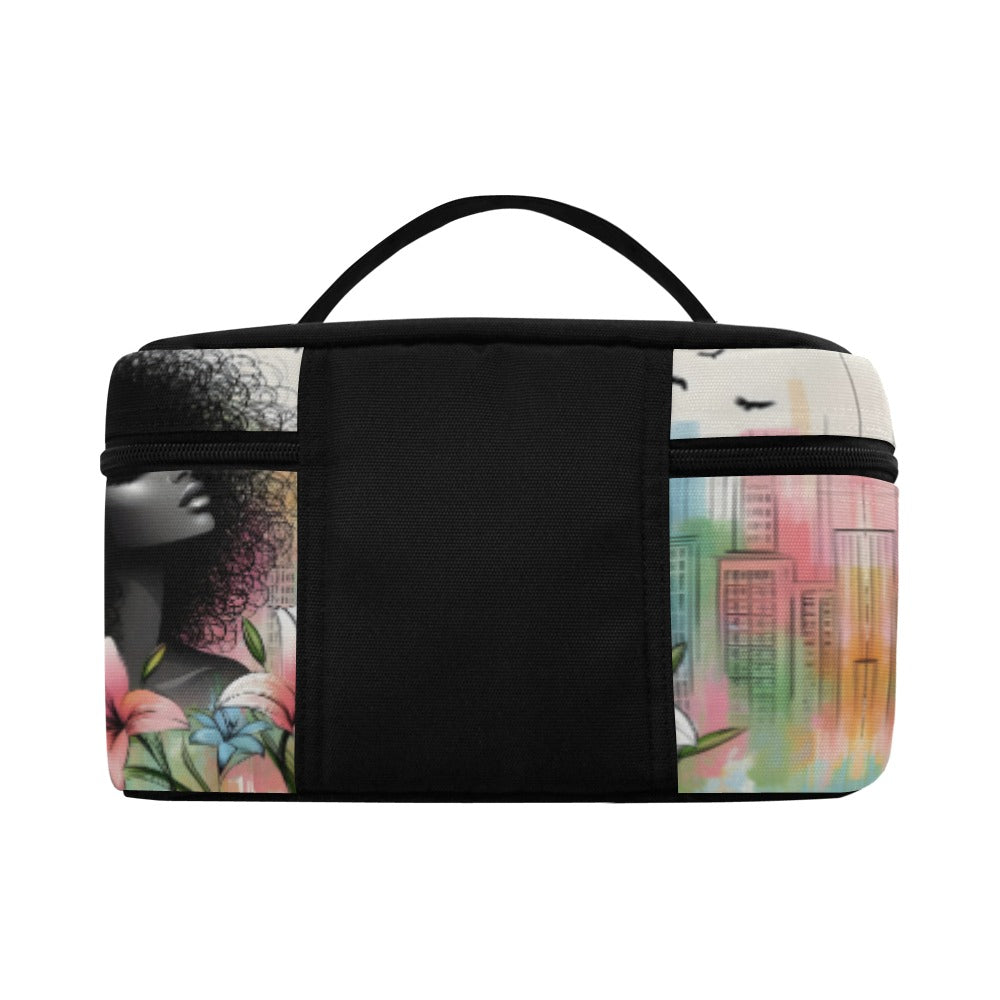 Cosmetic Bag/Large - Velvet's View - Urban Blossoms - Vibrant Cityscapes and Floral Dreams Collection - (Model 1658)