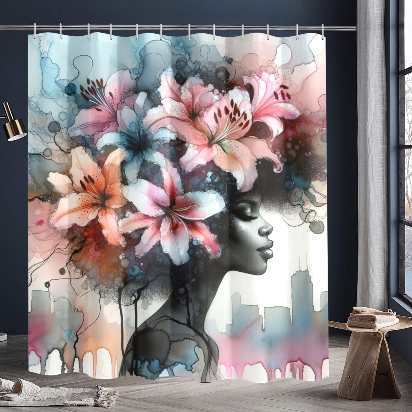 Urban Bloom Afro Shower Curtain – Black Woman Art with Cityscape & Floral Afro - 777994