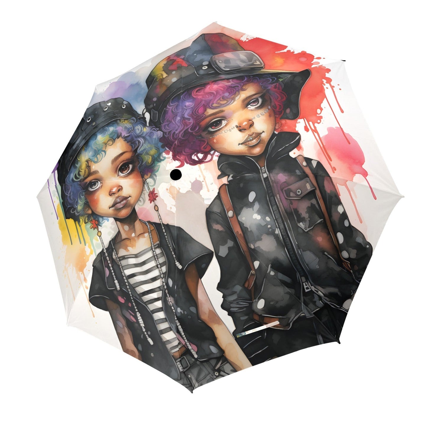 Semi-Automatic Foldable Umbrella - Black Girl Art - Velvet's View - Whimsical Kool Kids Collection - (Model U12)