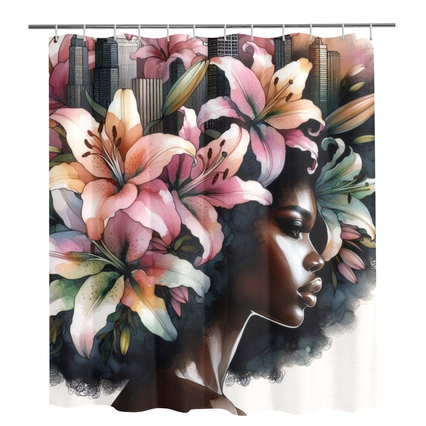Urban Bloom Afro Shower Curtain – Black Woman Art with Cityscape & Floral Afro - 77134495