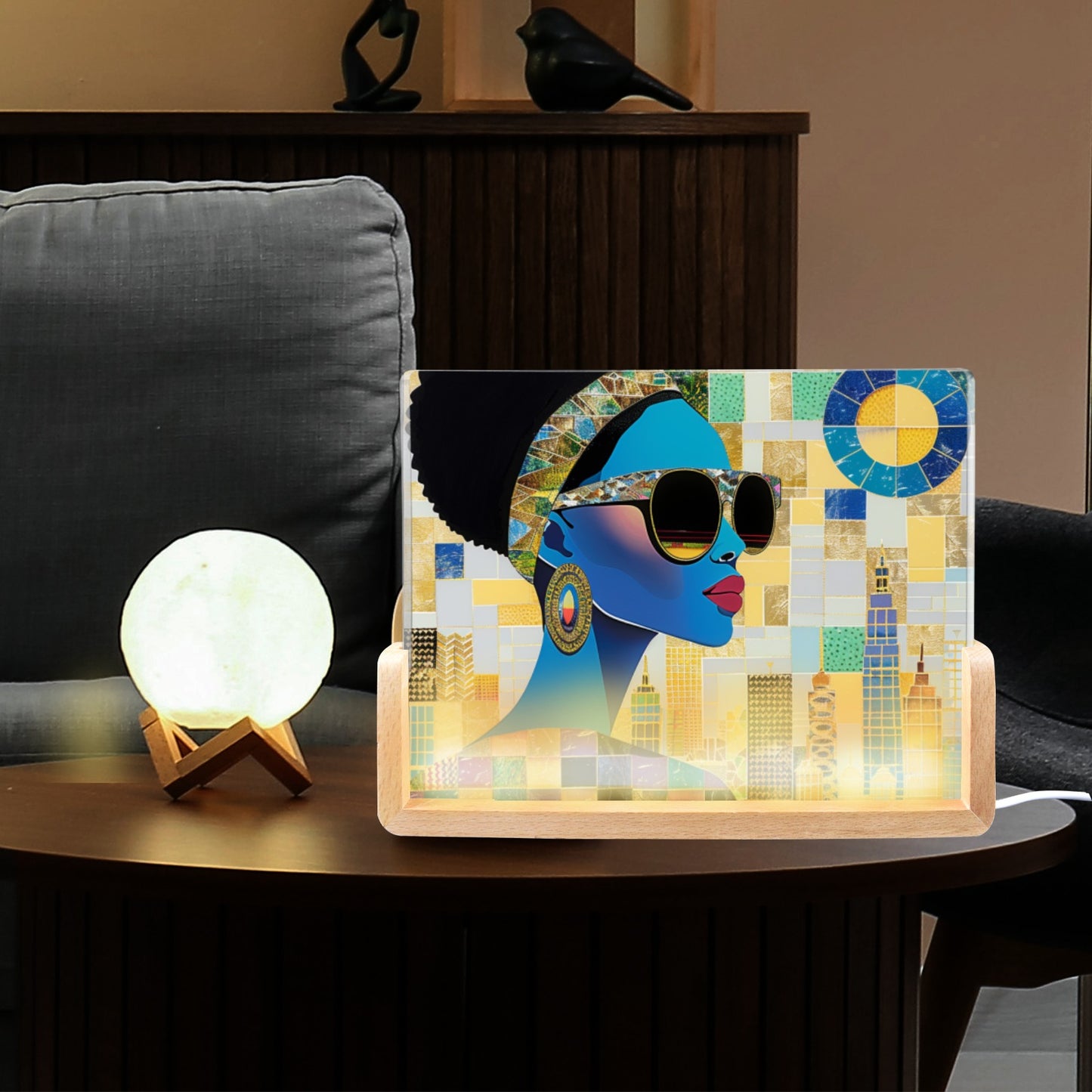 Acrylic Photo Night Light - Black Girl Art - Velvet's View - Urban Elegance - Illuminated in Color Collection - 8"x6"(U-Shaped Beech Base)