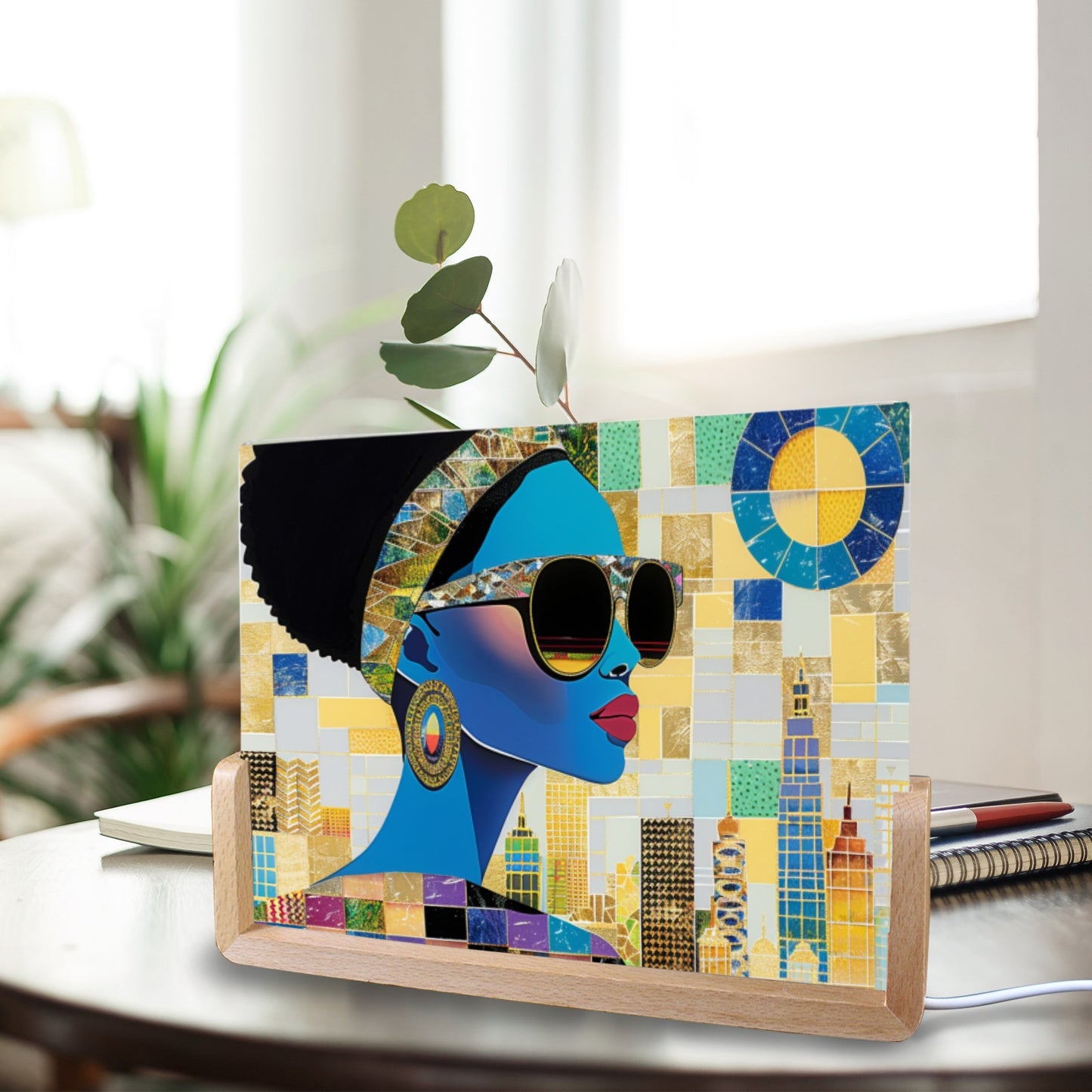 Acrylic Photo Night Light - Black Girl Art - Velvet's View - Urban Elegance - Illuminated in Color Collection - 8"x6"(U-Shaped Beech Base)