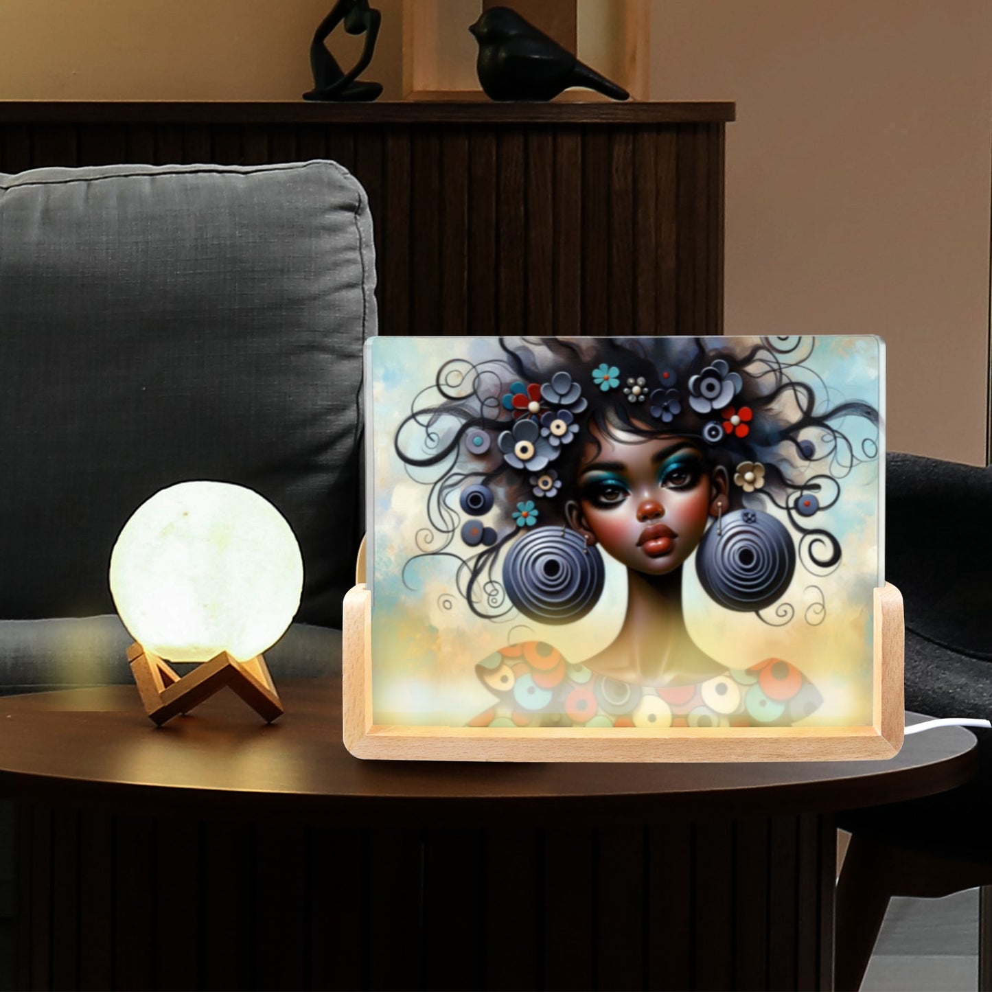 Bold & Beautiful: Afrocentric Digital Art Collection - Acrylic Photo Night Light 8"x6"(U-Shaped Beech Base) - #2011