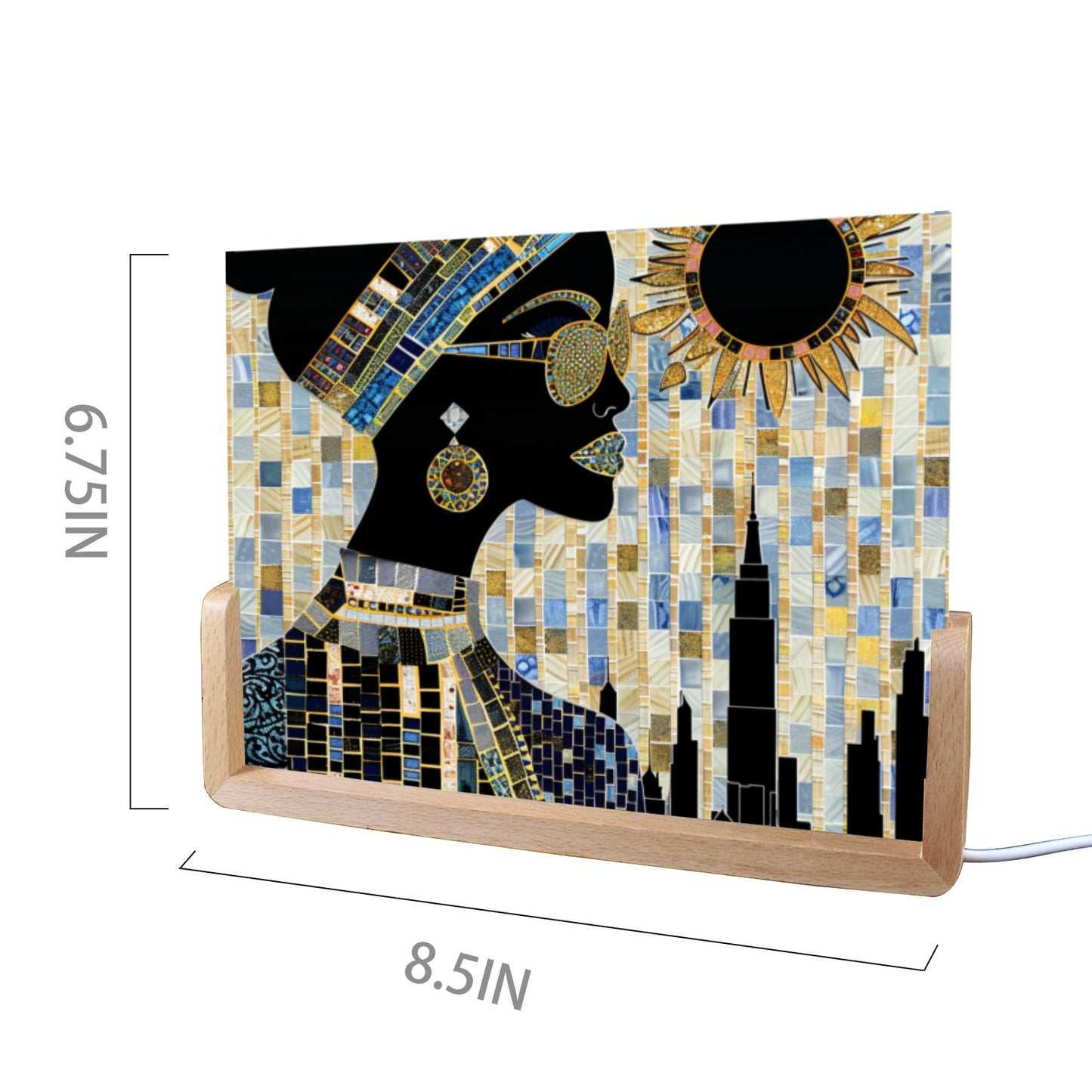 Acrylic Photo Night Light - Black Girl Art - Velvet's View - Urban Elegance - Illuminated in Color Collection - 8"x6"(U-Shaped Beech Base)
