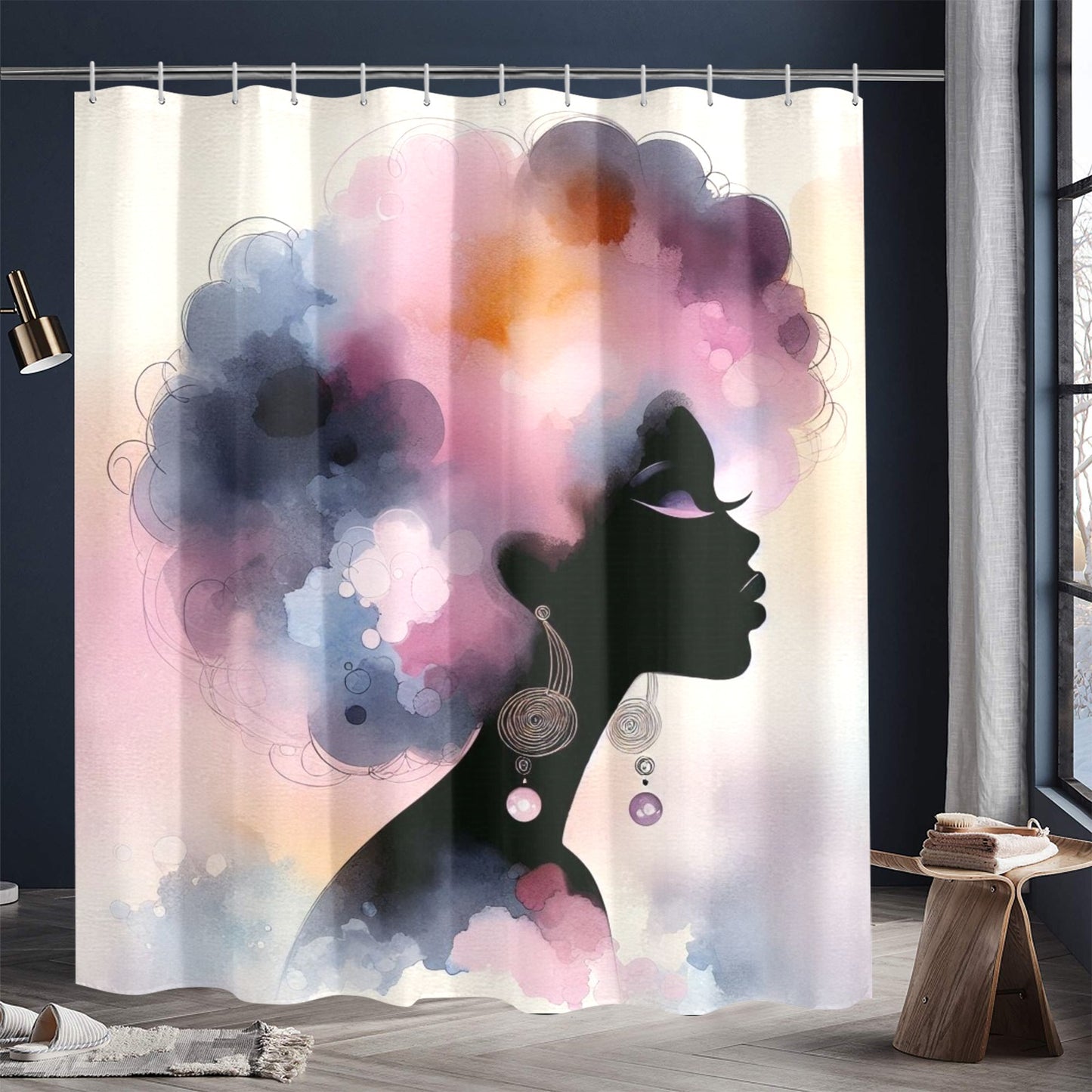 Afro Watercolor Shower Curtain Collection – Black Woman Silhouette Art for Bathroom Décor - 3454641