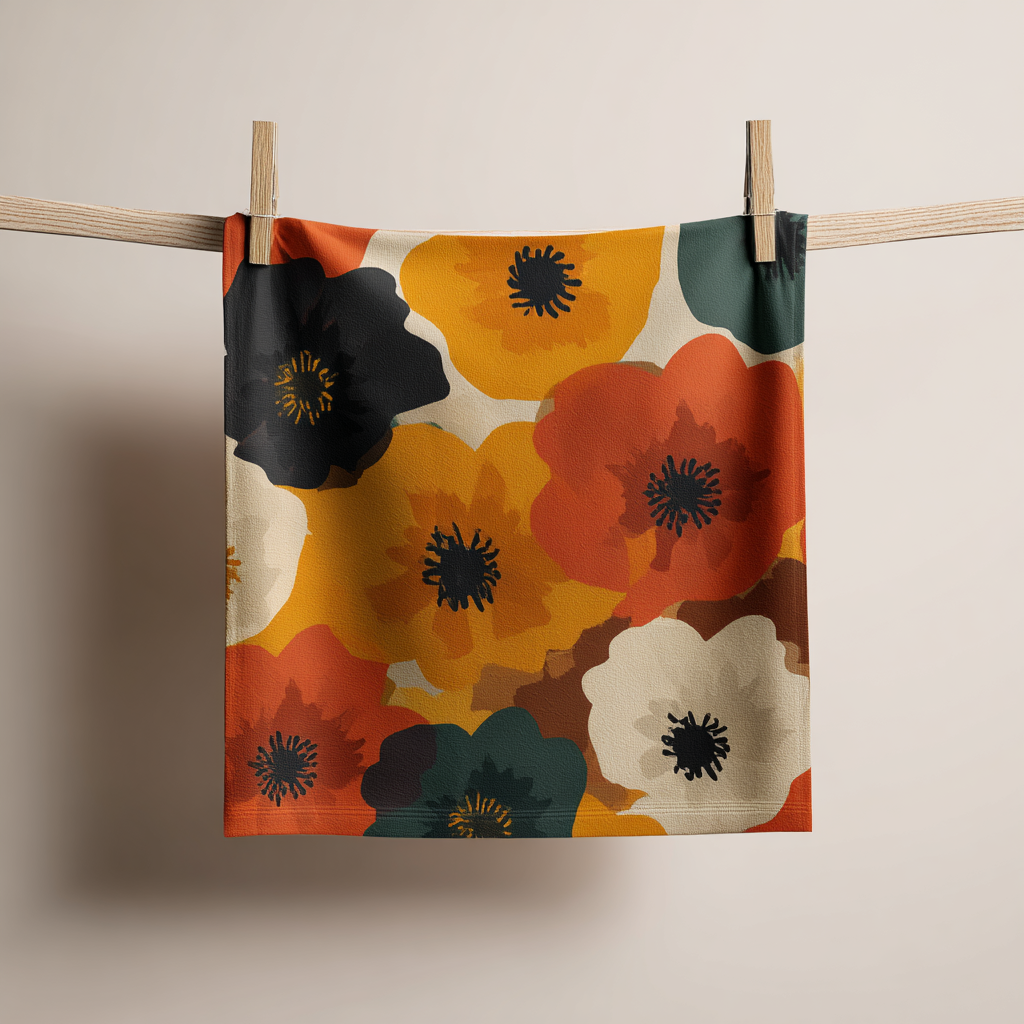 Retro Floral Bathroom Decor Set | Boho Abstract Shower Curtain, Towels & Wall Art | Mid Century Modern Bath Mat | Earth Tone Bathroom Collection - Shower Curtain 72"x84"