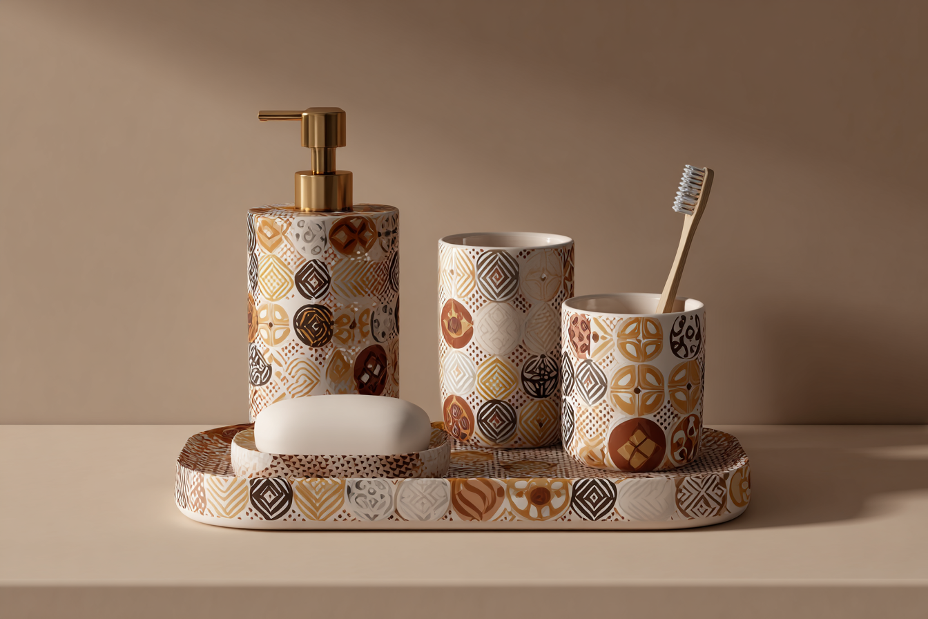 Modern Geometric Bathroom Set | Gold & Red Abstract Shower Curtain | Bold Afro-Inspired Bath Décor - Square Towel 13“x13” – L539321