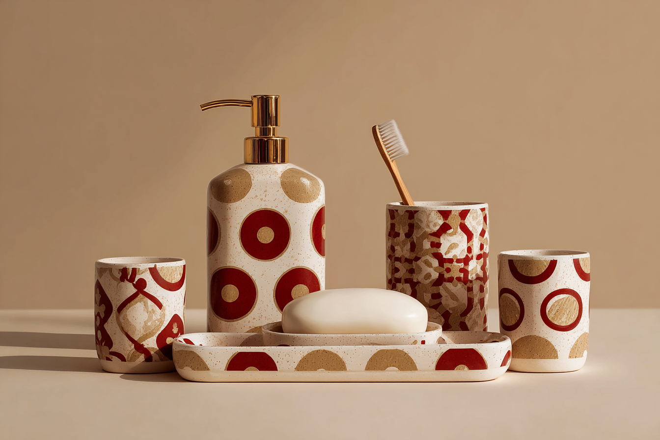 Modern Geometric Bathroom Set | Gold & Red Abstract Shower Curtain | Bold Afro-Inspired Bath Decor - Shower Curtain 72"x84" - J231459