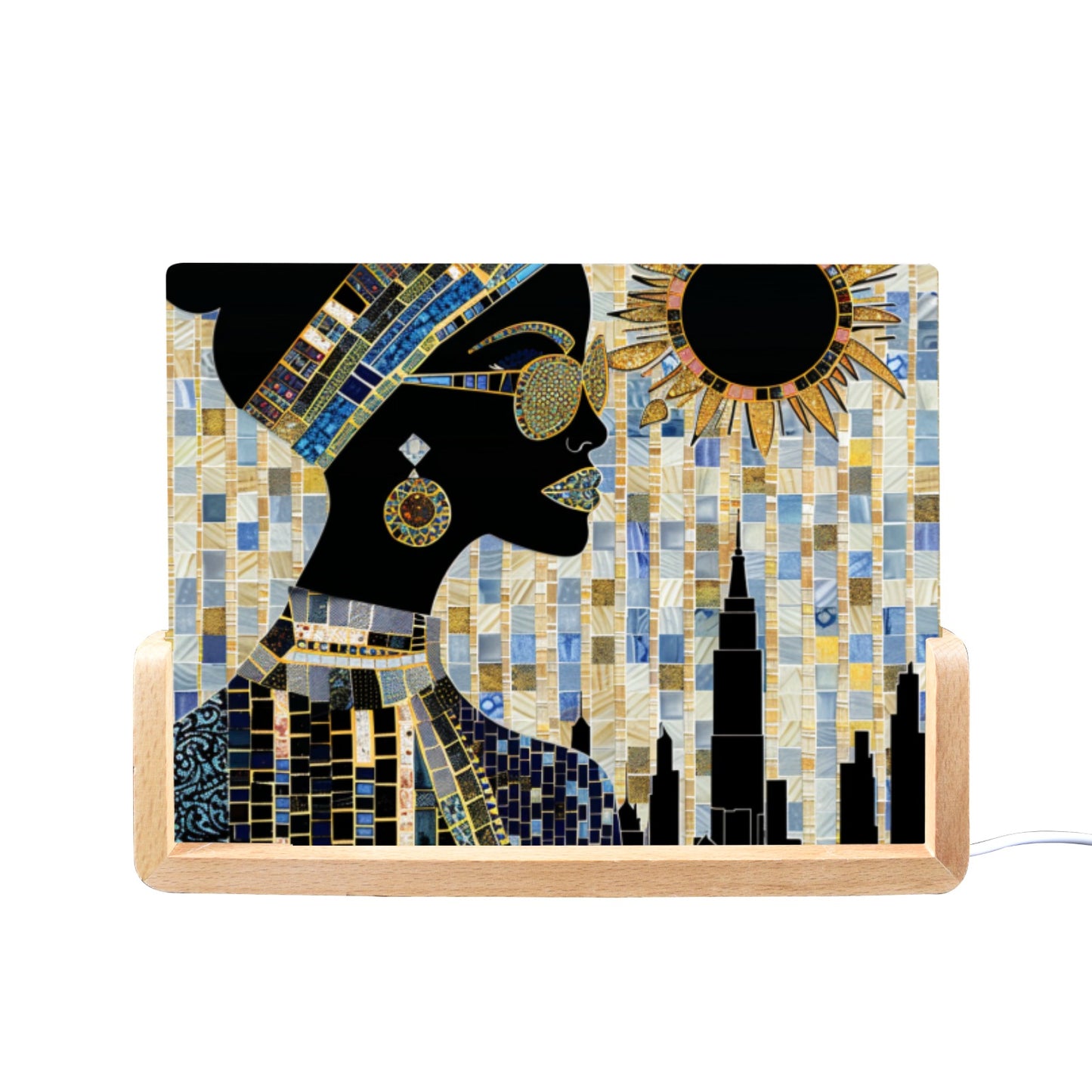 Acrylic Photo Night Light - Black Girl Art - Velvet's View - Urban Elegance - Illuminated in Color Collection - 8"x6"(U-Shaped Beech Base)