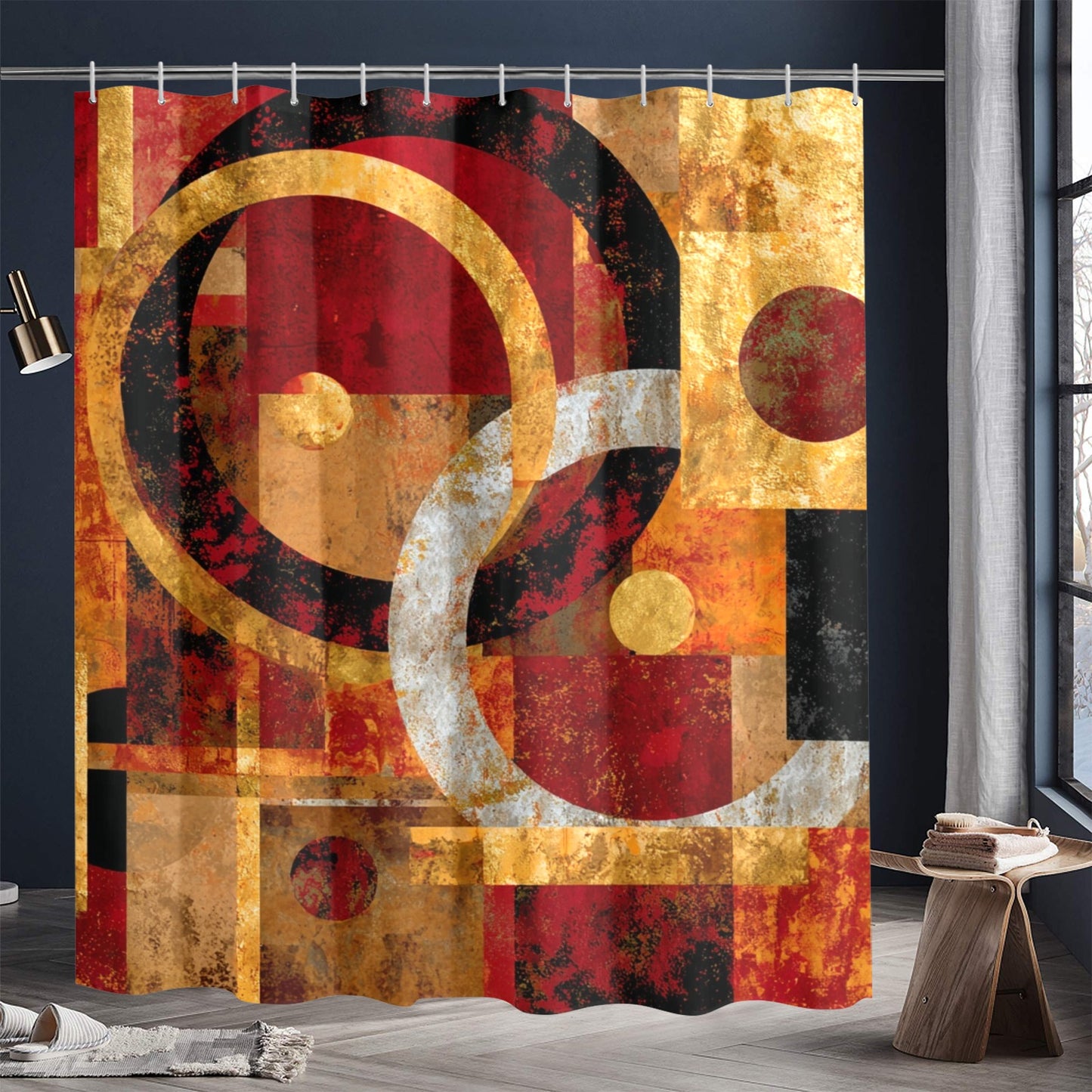 Modern Geometric Bathroom Set | Gold & Red Abstract Shower Curtain | Bold Afro-Inspired Bath Decor - Shower Curtain 72"x84" - J231459