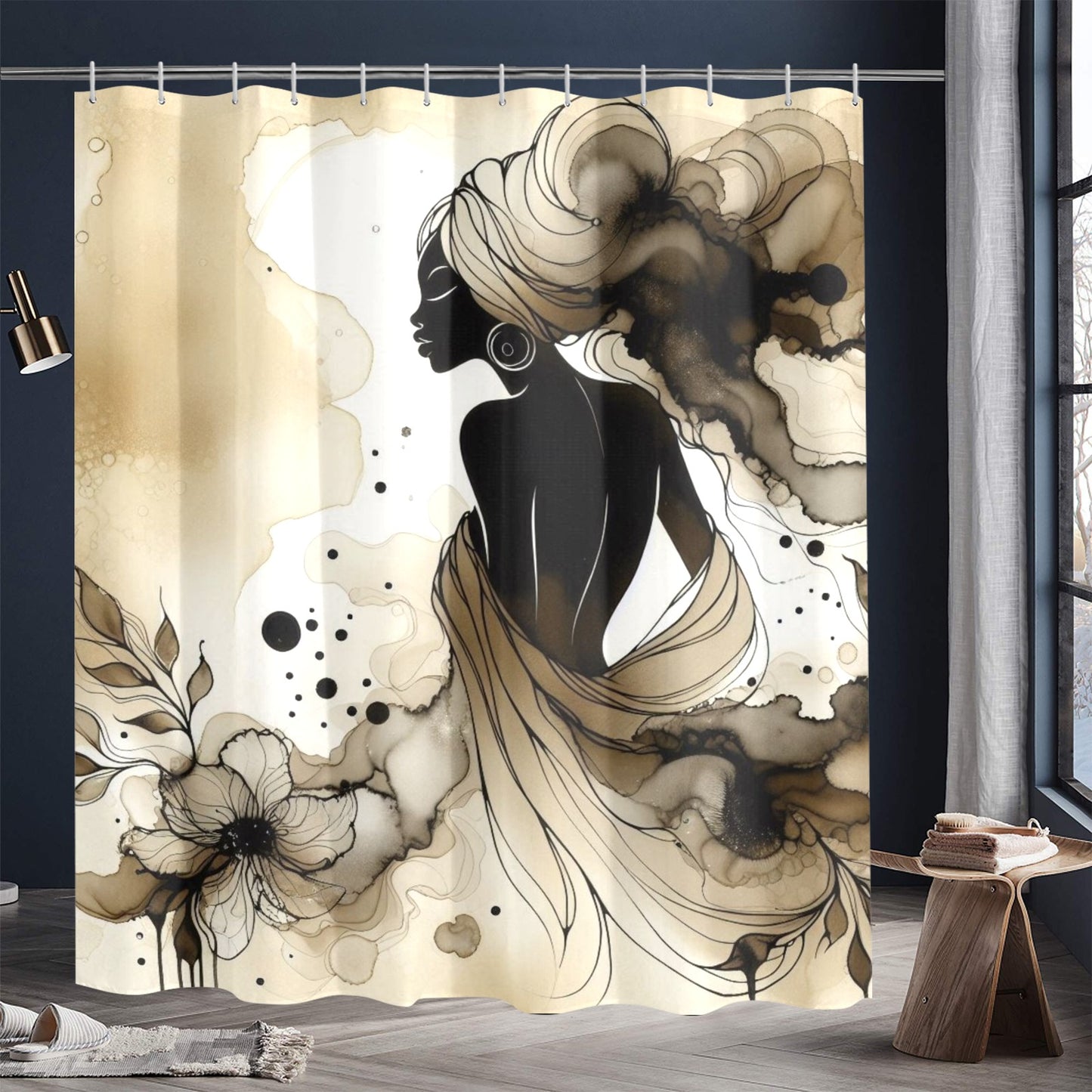 Golden Grace: Afro Silhouette Shower Curtain Collection – Luxury Black Woman Art for Modern Bathrooms - 3553247
