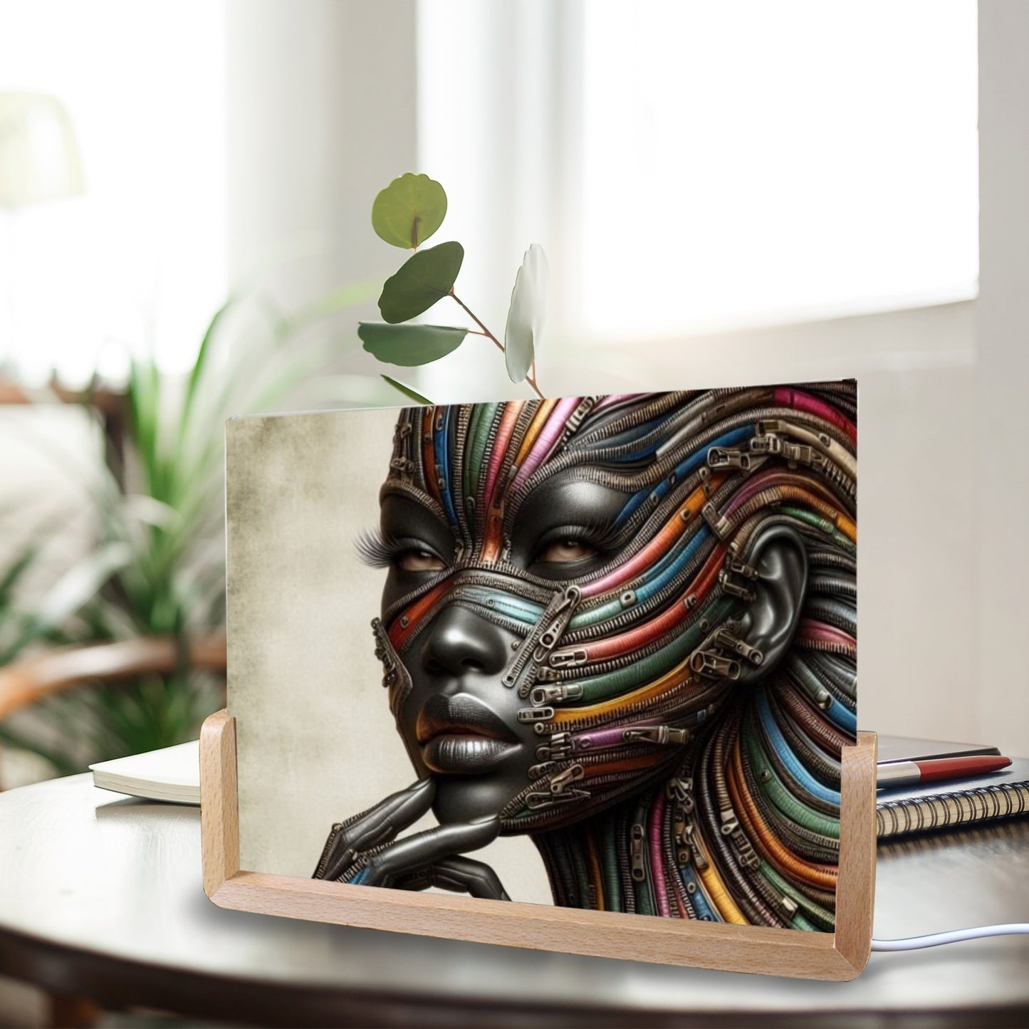 Acrylic Photo Night Light - Velvet's View - Mechanical Muse - The Fusion of Fashion and Futurism Collection - 8"x6"(U-Shaped Beech Base)