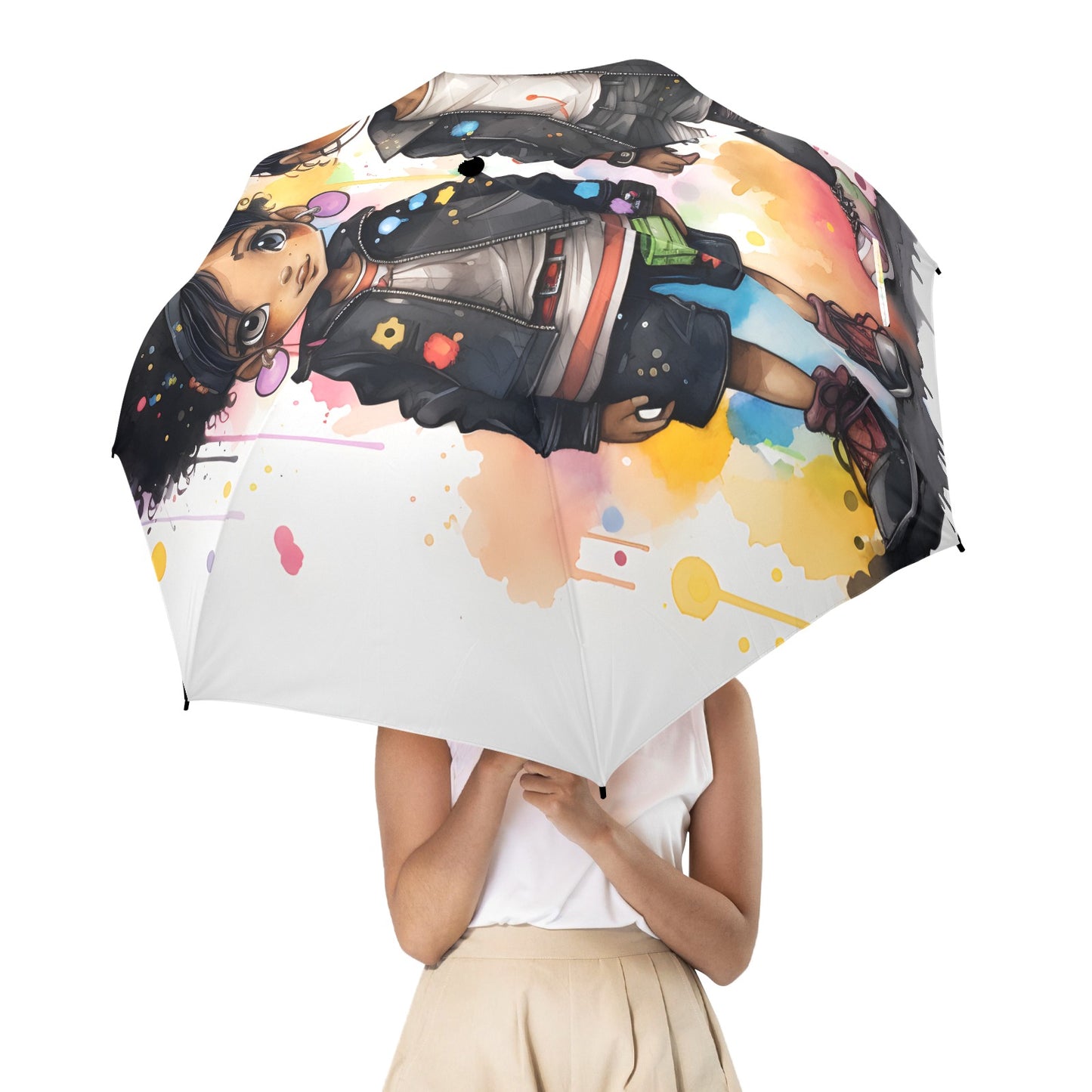 Semi-Automatic Foldable Umbrella - Black Girl Art - Velvet's View - Whimsical Kool Kids Collection - (Model U12)