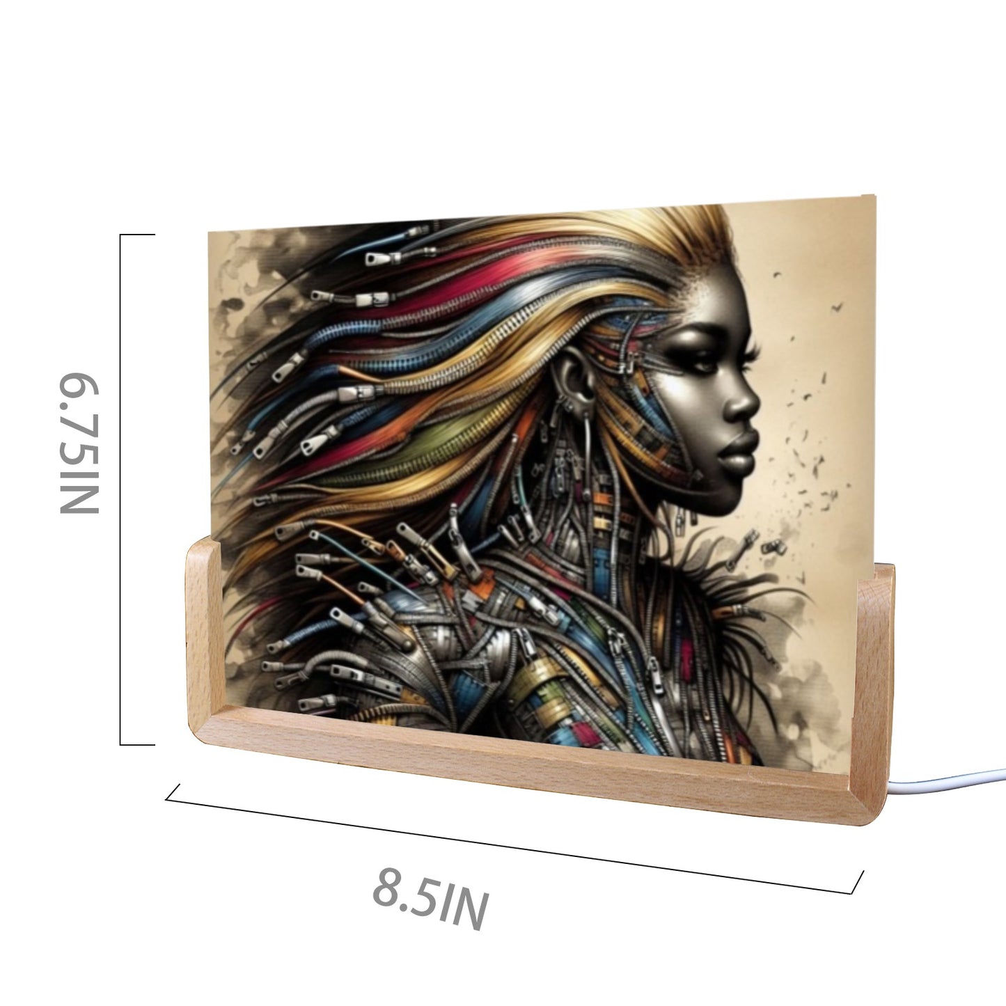Acrylic Photo Night Light - Velvet's View - Mechanical Muse - The Fusion of Fashion and Futurism Collection - 8"x6"(U-Shaped Beech Base)