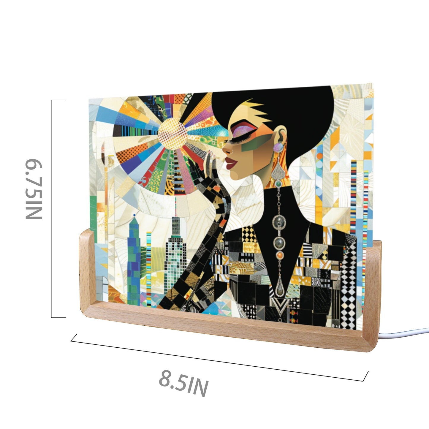 Acrylic Photo Night Light - Black Girl Art - Velvet's View - Urban Elegance - Illuminated in Color Collection - 8"x6"(U-Shaped Beech Base)