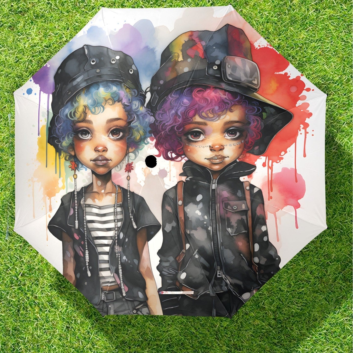 Semi-Automatic Foldable Umbrella - Black Girl Art - Velvet's View - Whimsical Kool Kids Collection - (Model U12)