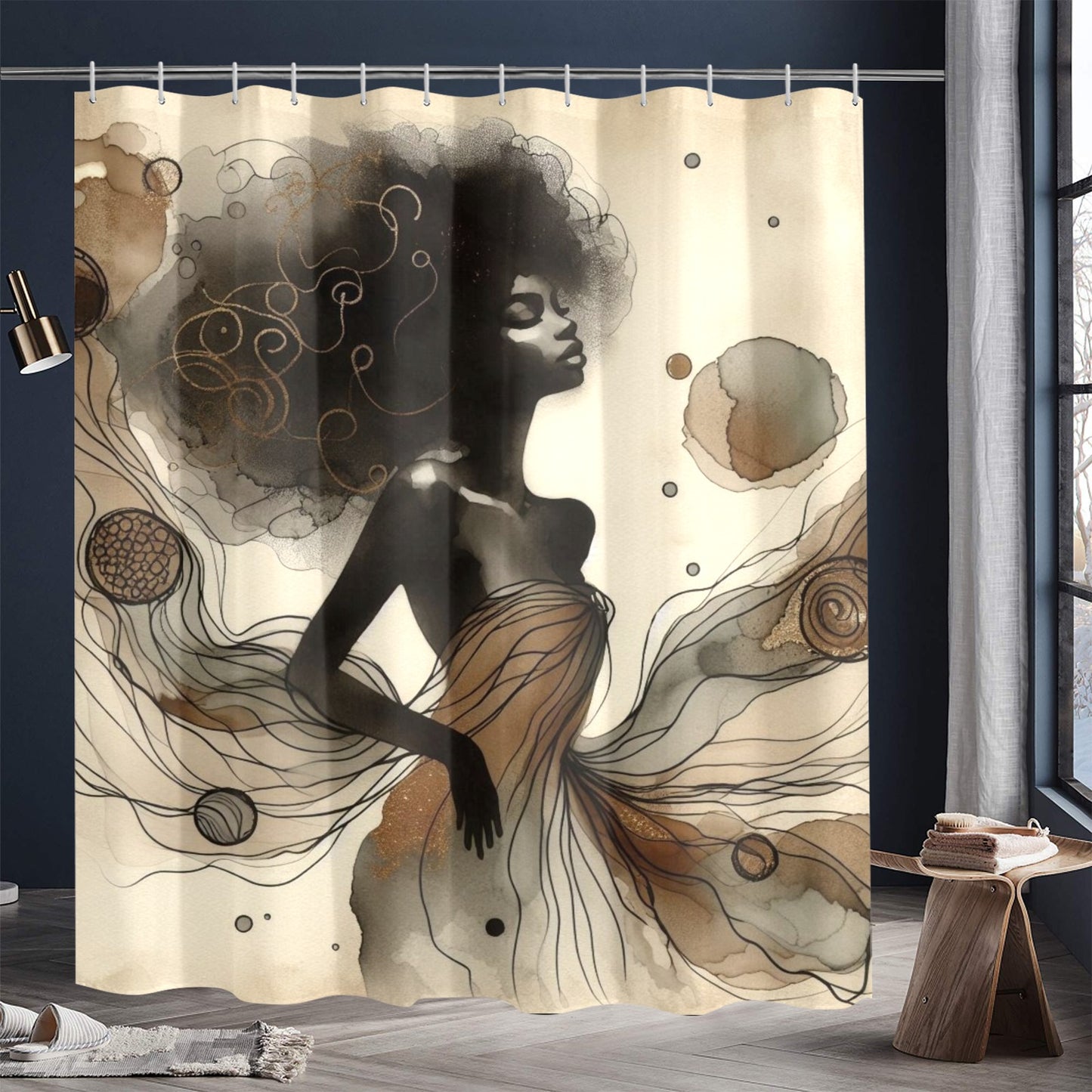 Golden Grace: Afro Silhouette Shower Curtain Collection – Luxury Black Woman Art for Modern Bathrooms - 4902447