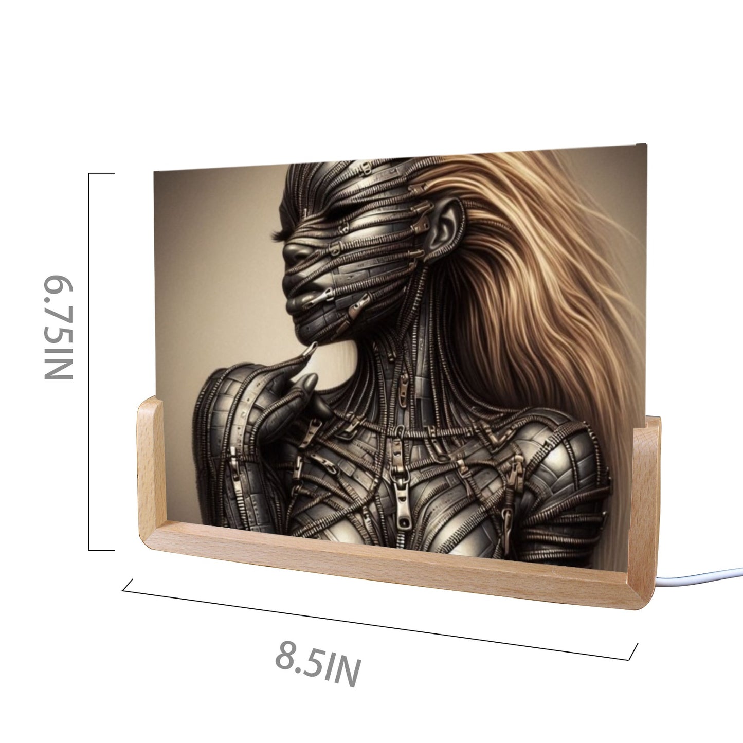 Acrylic Photo Night Light - Velvet's View - Mechanical Muse - The Fusion of Fashion and Futurism Collection - 8"x6"(U-Shaped Beech Base)