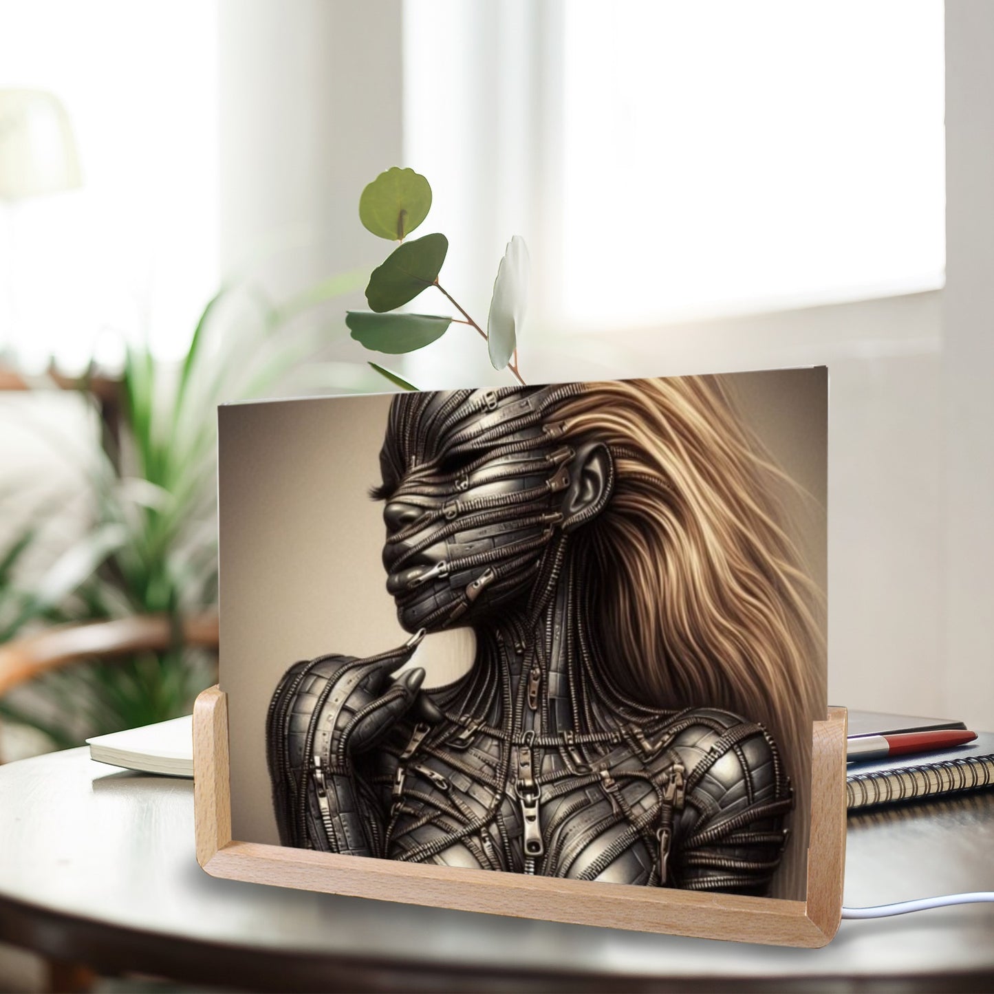 Acrylic Photo Night Light - Velvet's View - Mechanical Muse - The Fusion of Fashion and Futurism Collection - 8"x6"(U-Shaped Beech Base)