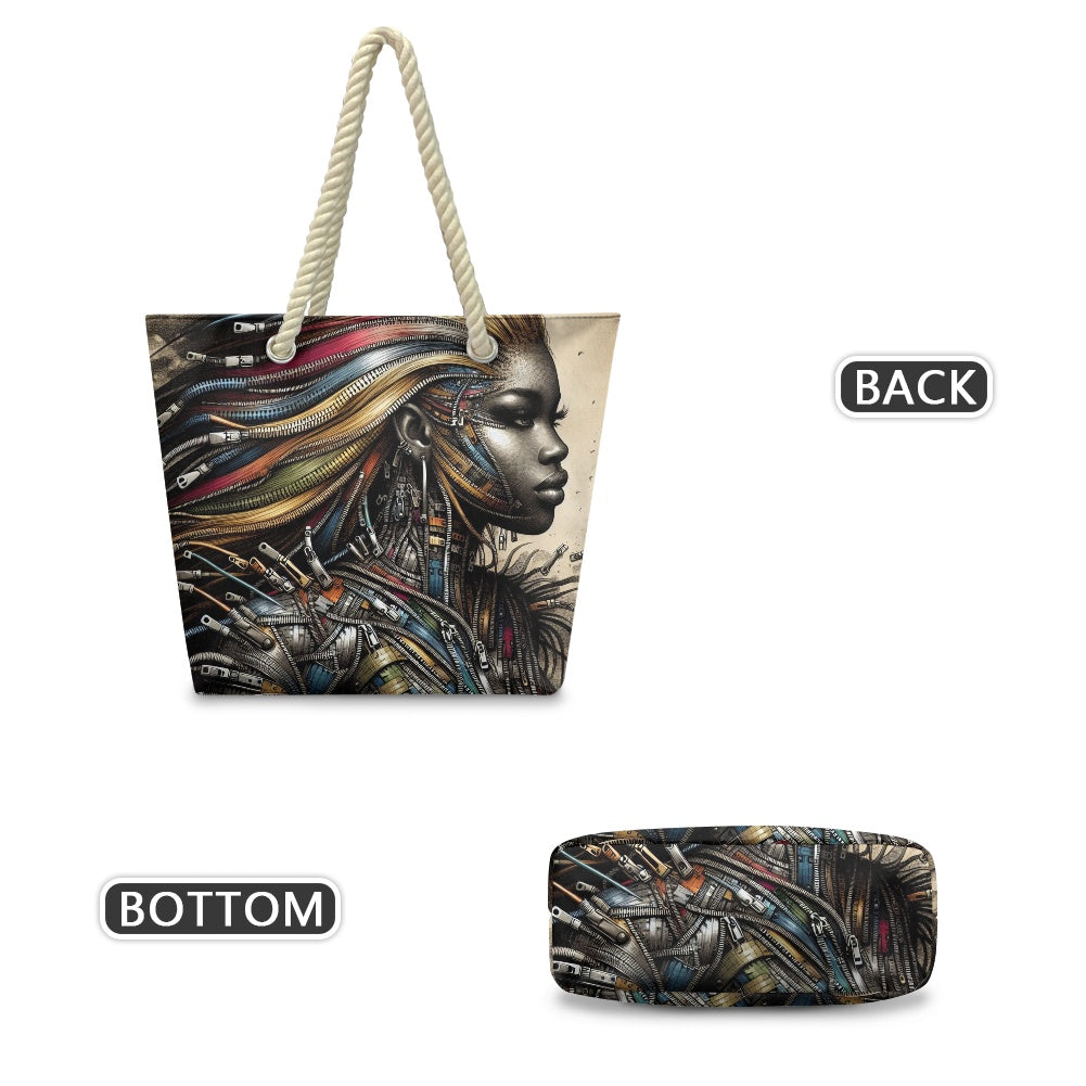 Hemp Rope Tote Bag - Velvet's View - Mechanical Muse - The Fusion of Fashion and Futurism