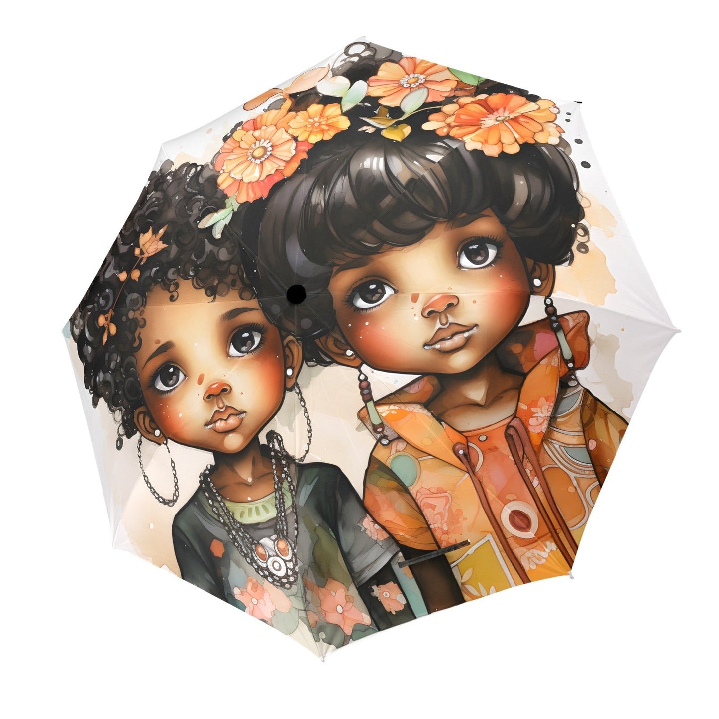 Semi-Automatic Foldable Umbrella - Black Girl Art - Velvet's View - Whimsical Kool Kids Collection - (Model U12)