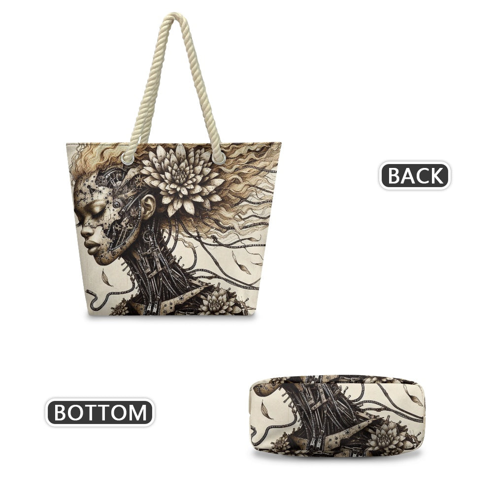 Hemp Rope Tote Bag - Velvet's View - Mechanical Muse - The Fusion of Fashion and Futurism