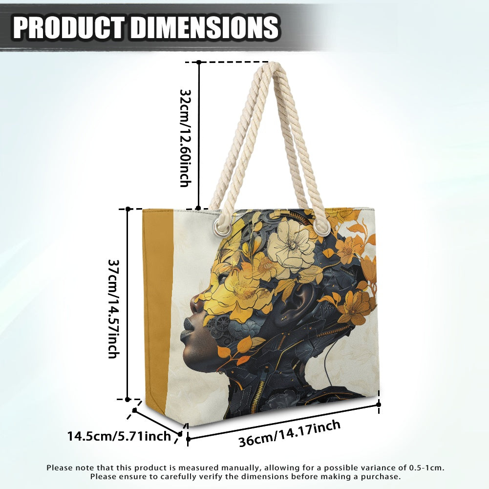 Blossom of the Machine: A Harmonious Fusion of Nature and Technology - Hemp Rope Tote Bag - #2011